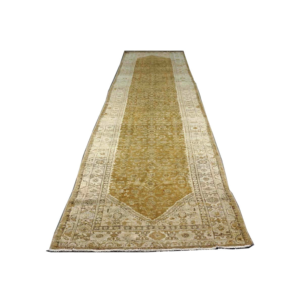 Antique Persian Malayer Wool 3x15 Camel & Ivory Handmade Runner Rug #1140727