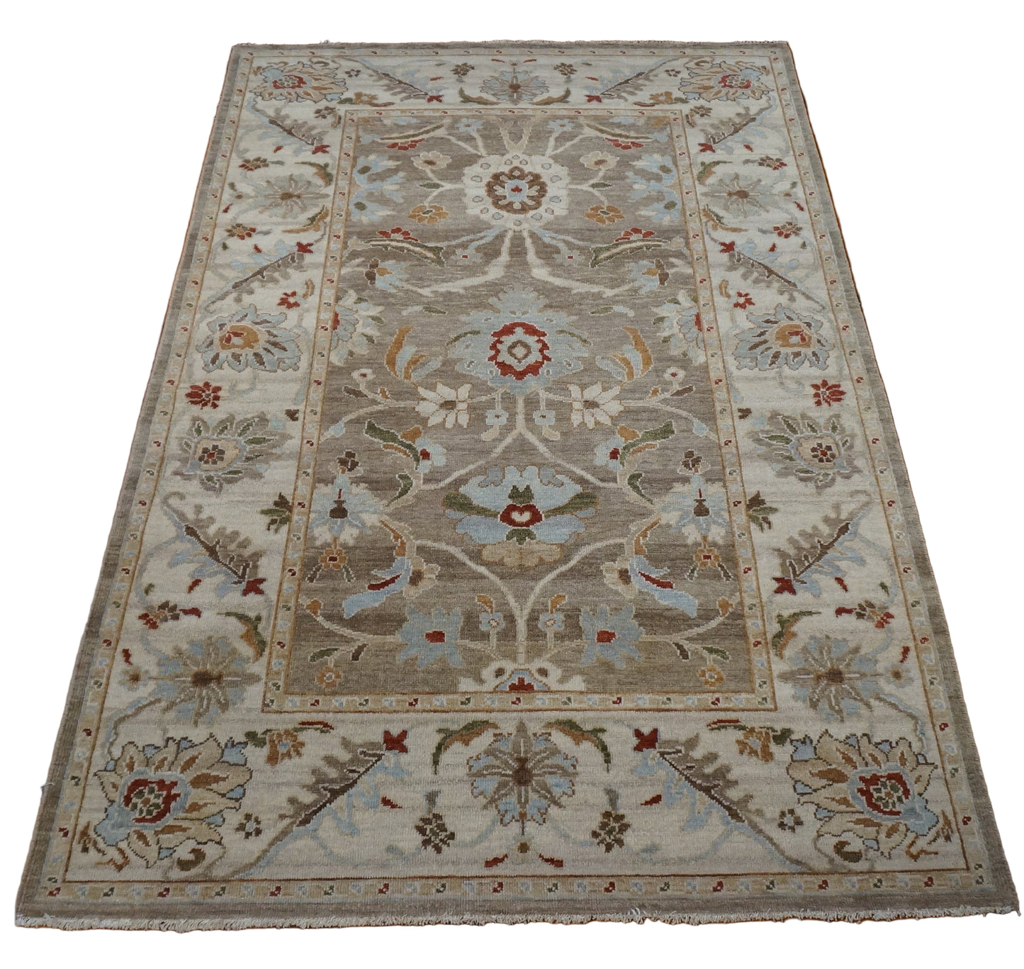 Afghan Sultanabad Wool 5 x 8 Grey, Green & Light Blue Handmade Area Rug #1143143