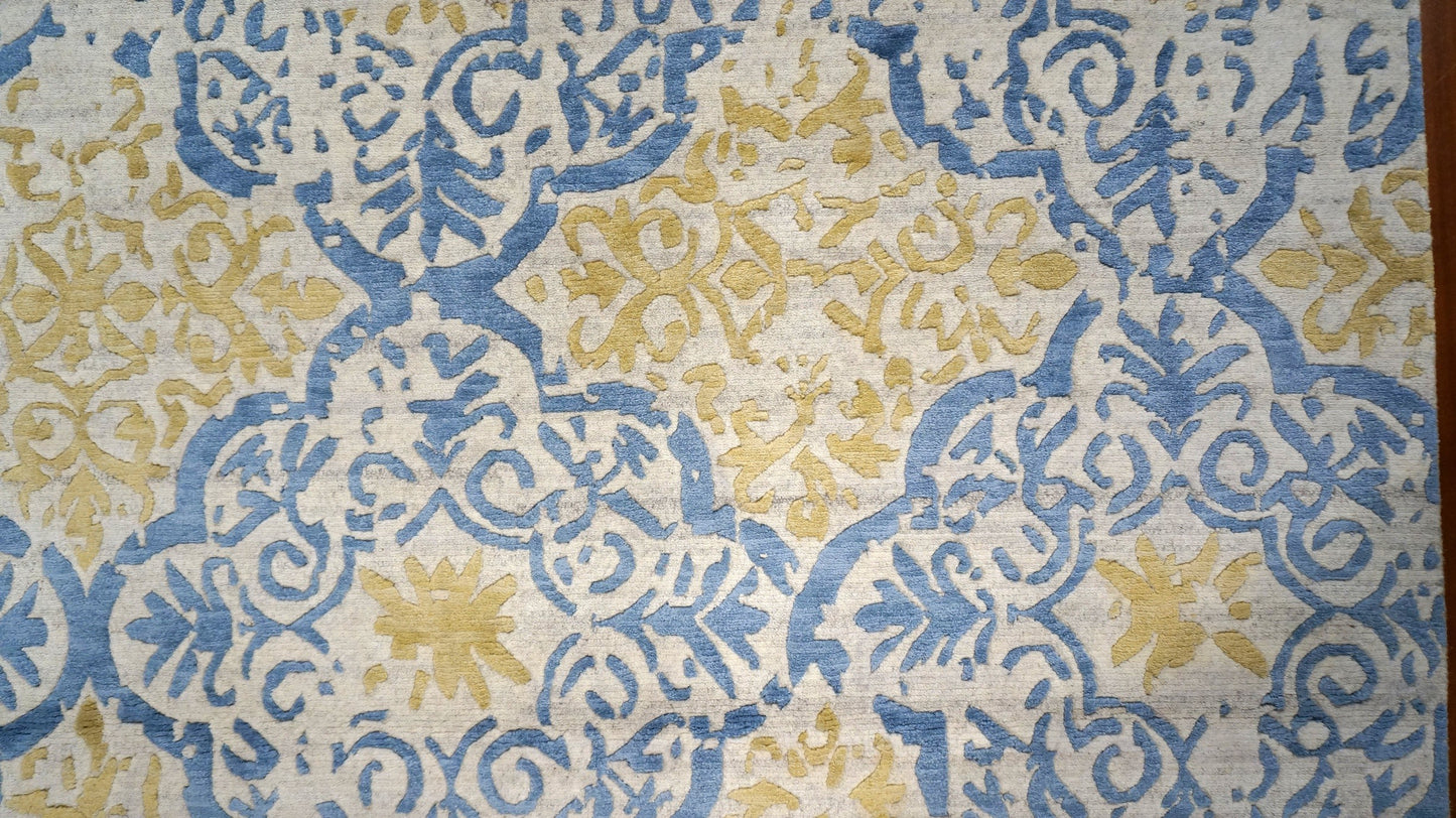 Indo Nepalese Modern Demask Wool and Silk 8x10 Blue, Tan & Ivory Handmade Area Rug #1143462