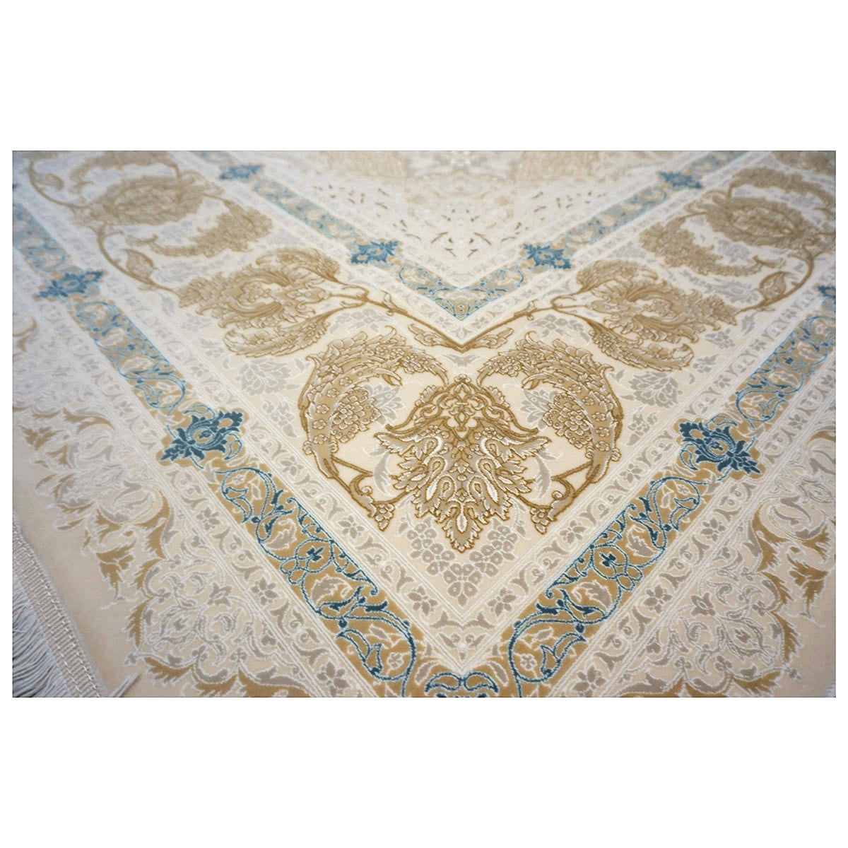 Turkish Tabriz Acrylic 10x13 Ivory, Camel & Blue Machine Made Area Rug #1144018