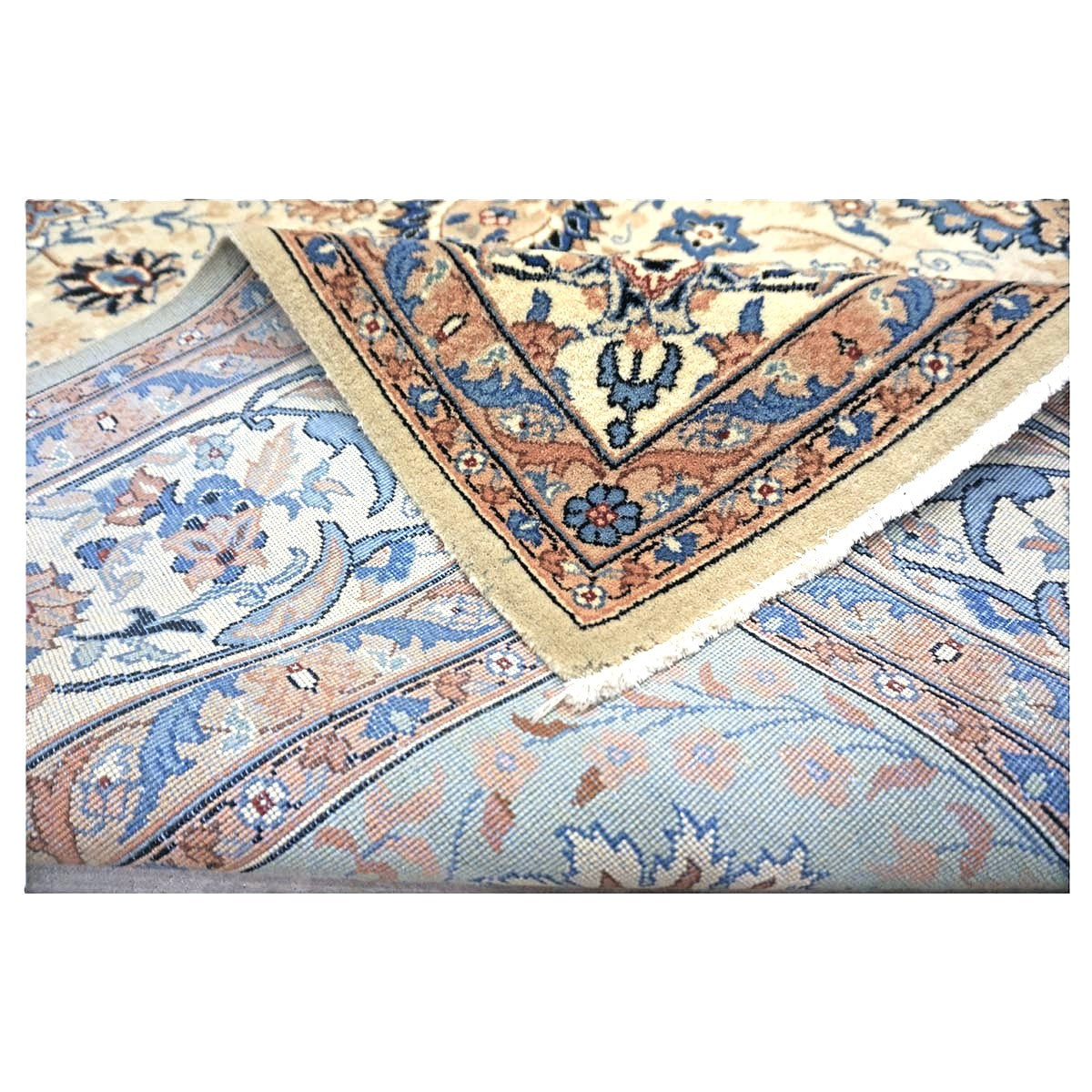 Vintage Persian Kashan Wool 8x10 Blue, Camel & Ivory Handmade Area Rug #1144159
