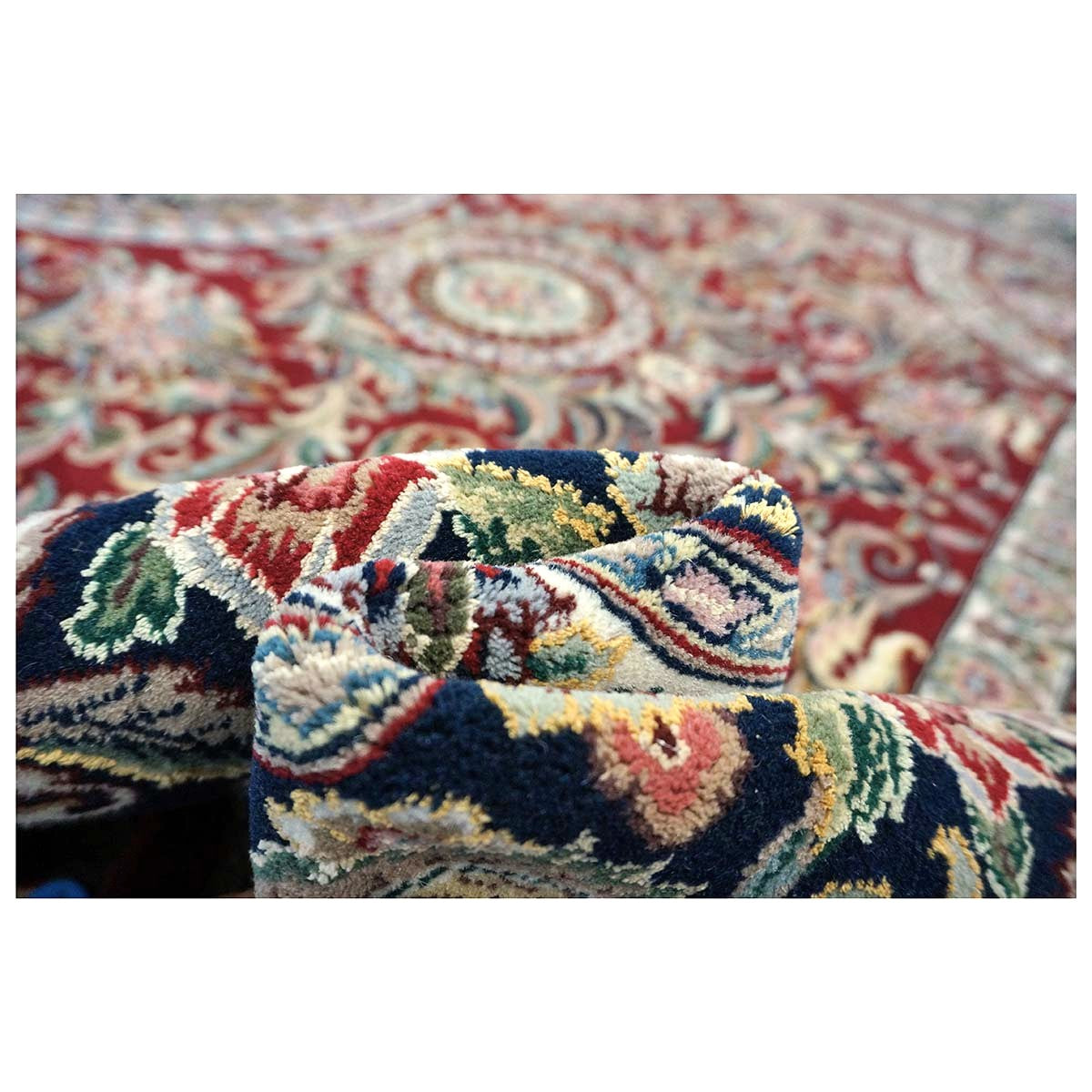 Sino-Persian Tabriz Wool & Silk 9x12 Red & Navy Handmade Area Rug #1144228