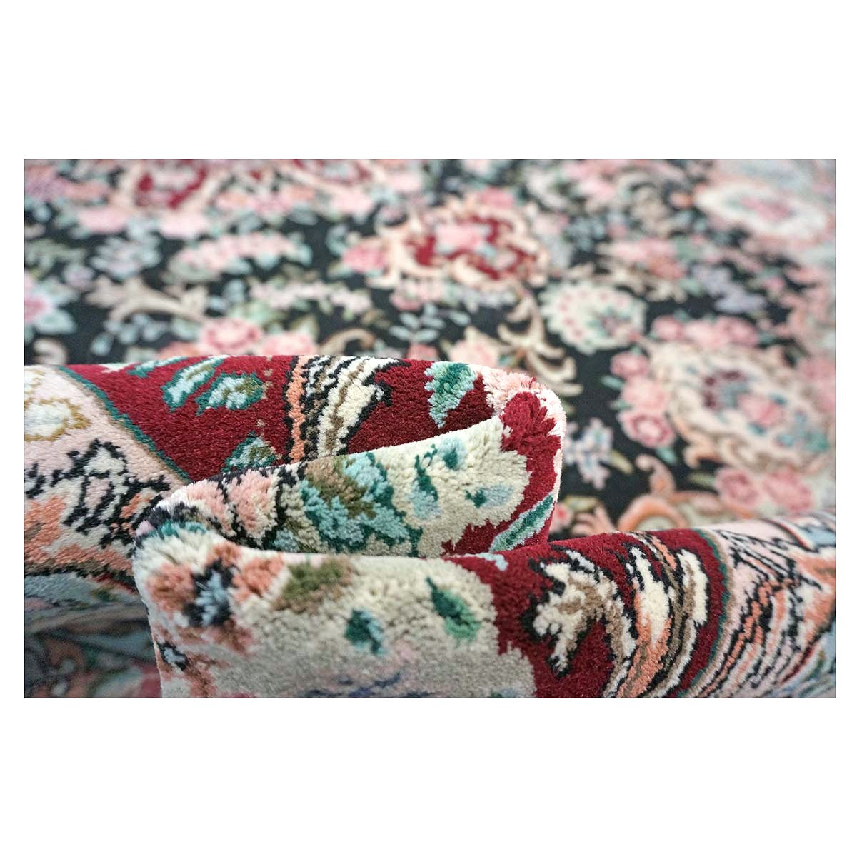 Sino-Persian Tabriz Wool & Silk 8x10 Red, Ivory & Black Handmade Area Rug #1144233