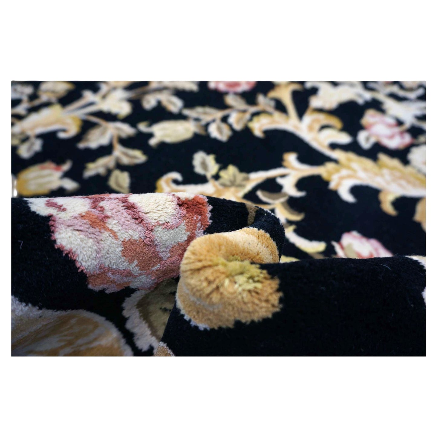 Sino-Persian Savonneri Wool & Silk 9x12 Black & Ivory Handmade Area Rug #1144236