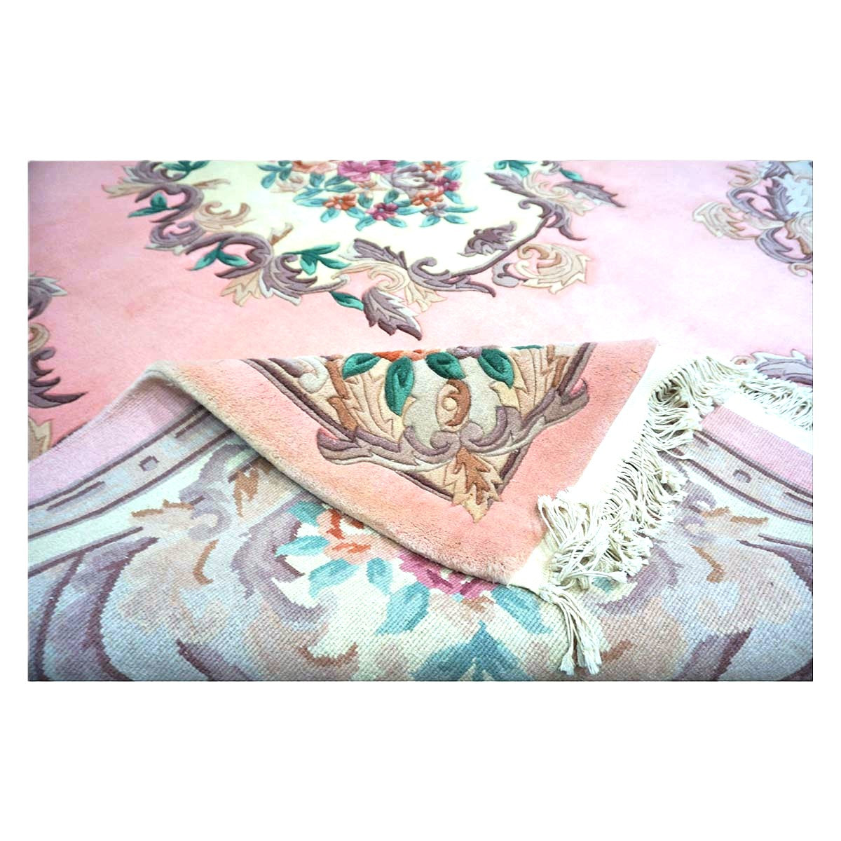 Chinese Abusson Wool 8x10 Pink, Light Blue & Ivory Handmade Area Rug #1144291