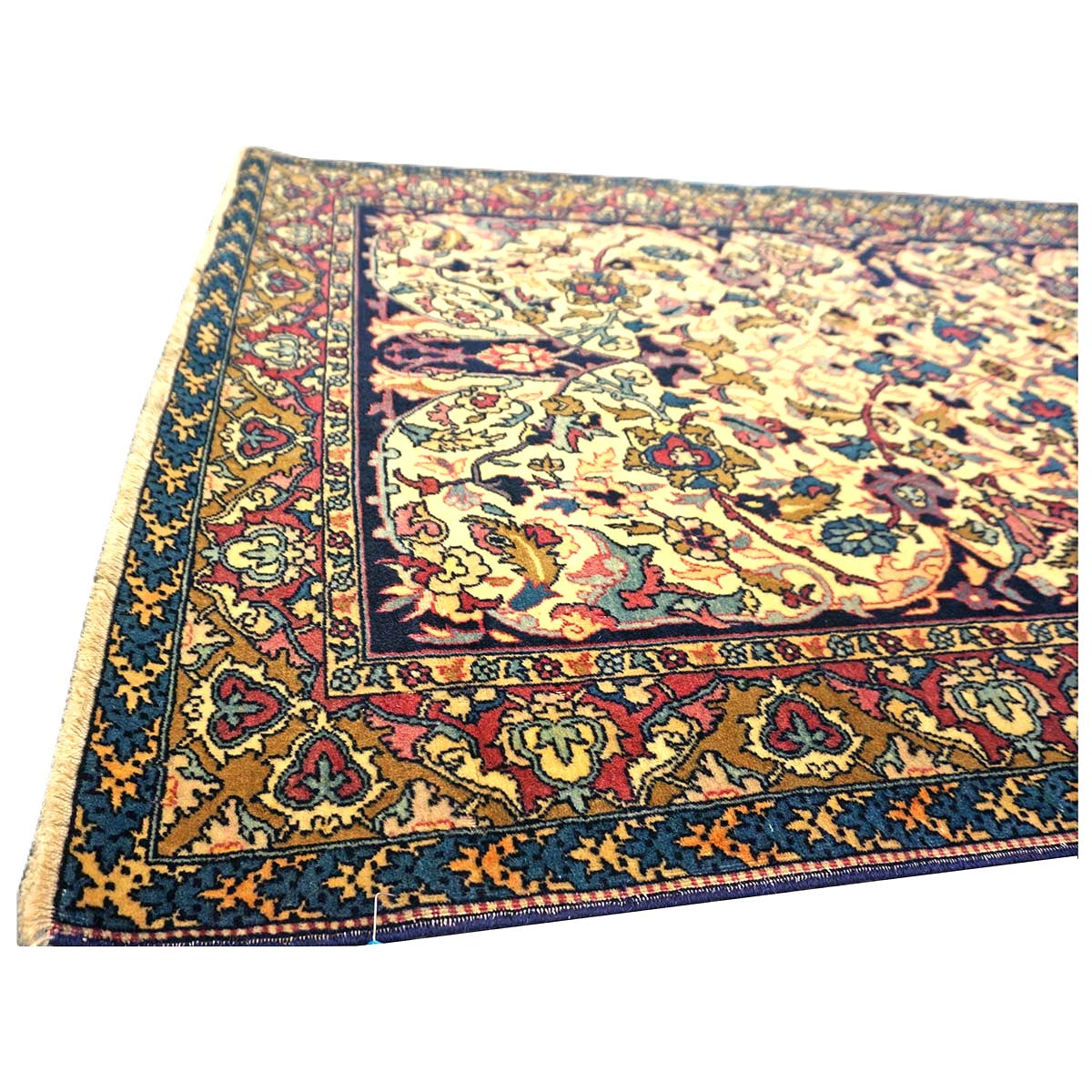 Antique Persian Yazd Wool 4x6 Ivory, Blue & Plum Handmade Area Rug #1144705