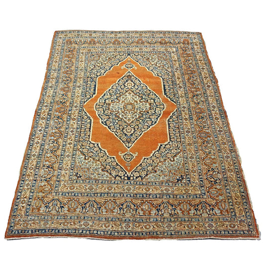 Antique Persian Tabriz Haji Jalili Wool 4x6 Ivory, Navy & Orange Handmade Area Rug #1144788