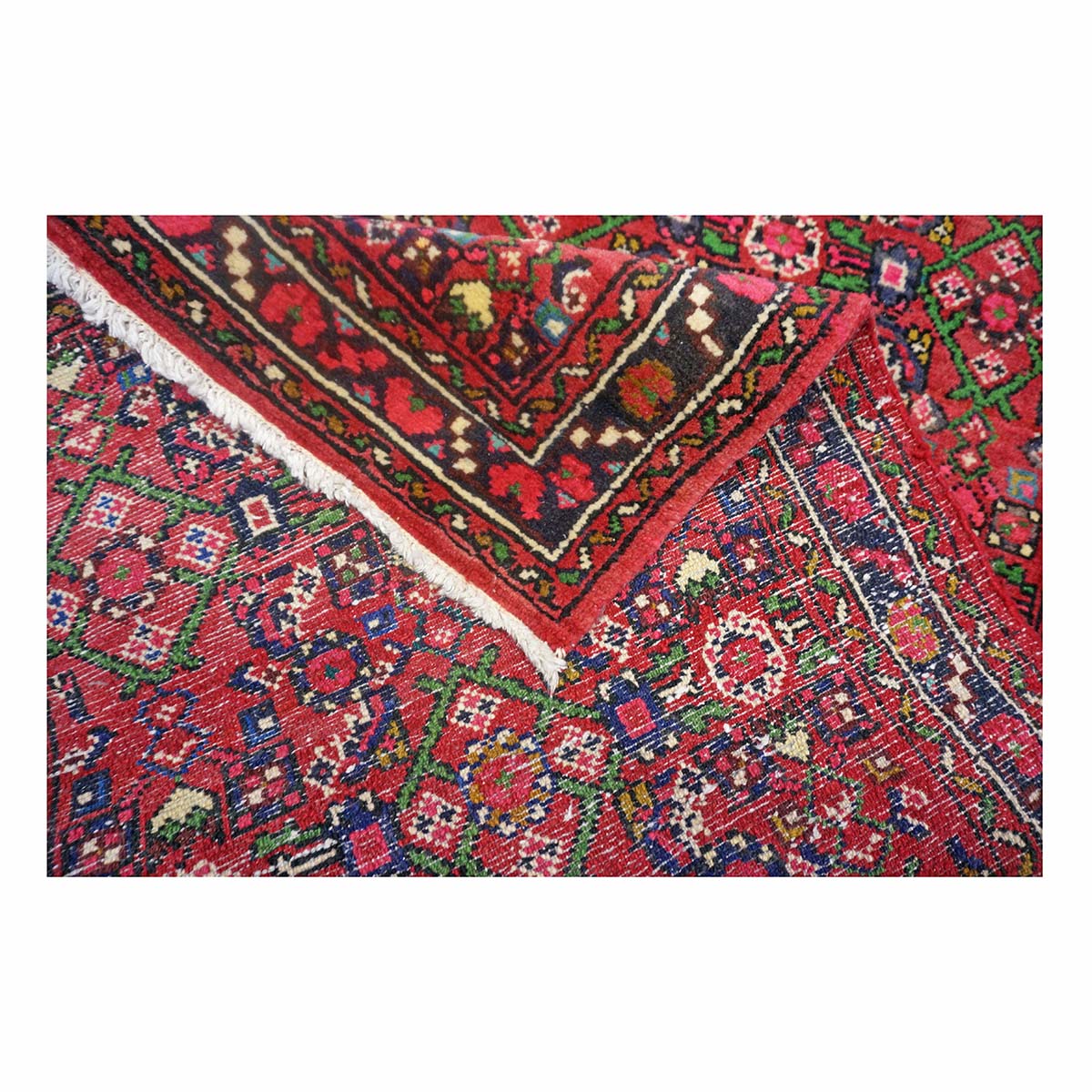 Persian Hamadan Wool 2x13 Red, Ivory & Navy Handmade Runner Rug #9900321