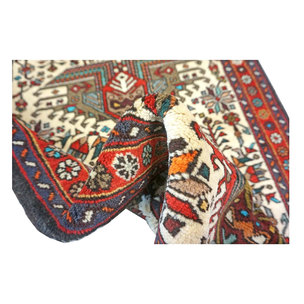 Persian Karajeh Wool 3x12 Ivory, Red & Blue Handmade Runner Rug #9900791
