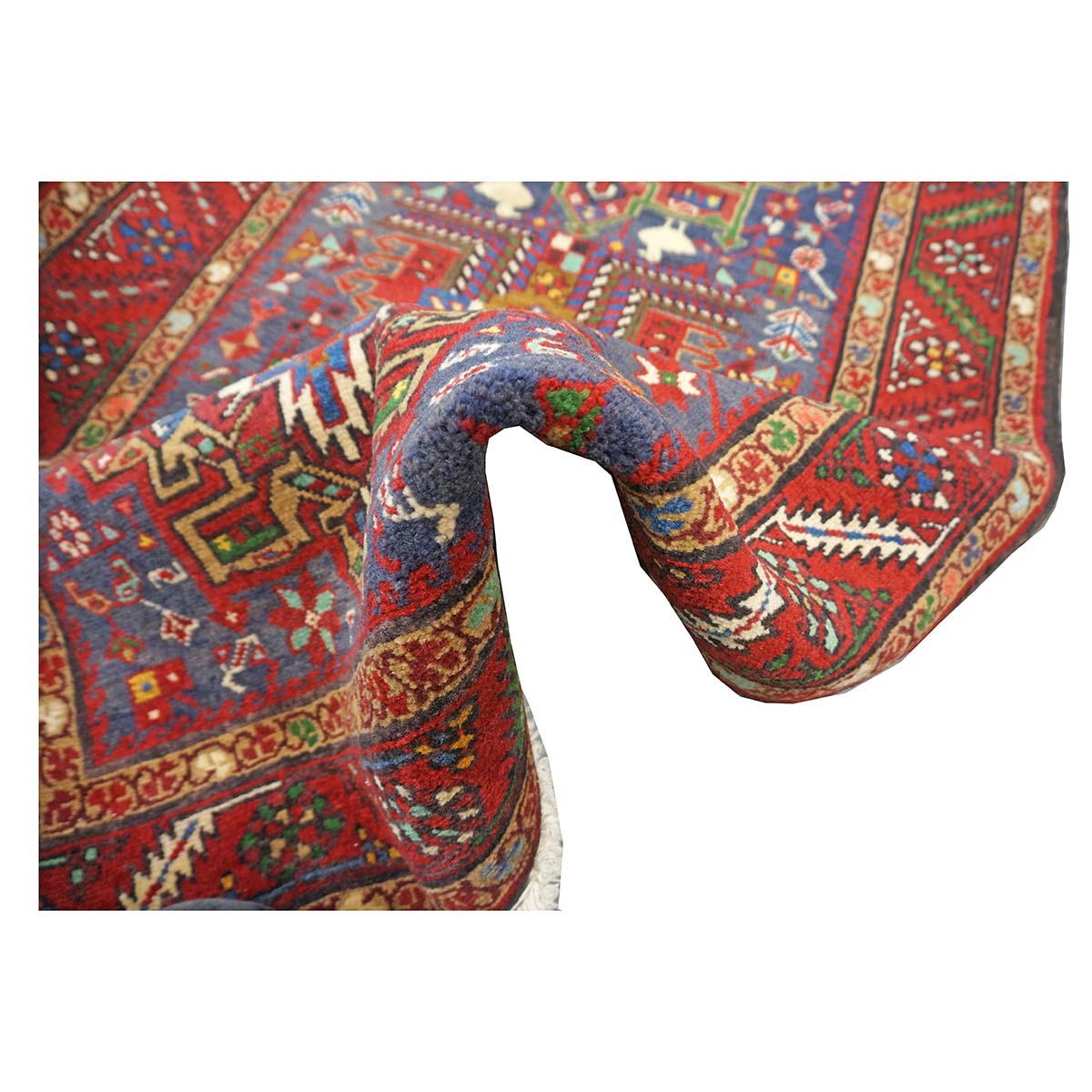 Antique Persian Heriz Wool 3x14 Red, Blue & Ivory Handmade Runner Rug #9901112