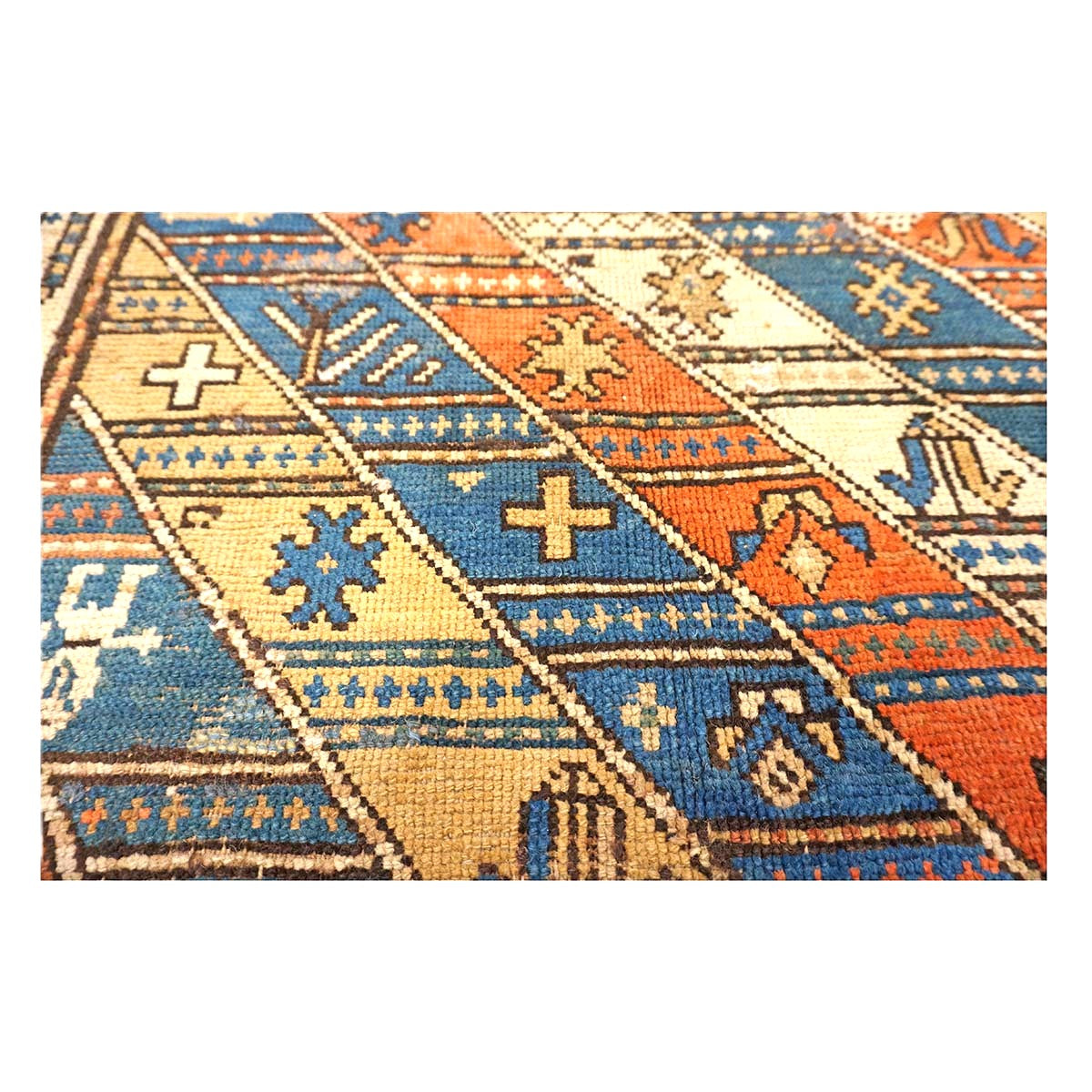 Antique Caucasian Kazak Wool 4x8 Ivory, Blue & Orange Handmade Gallery Rug #9901397