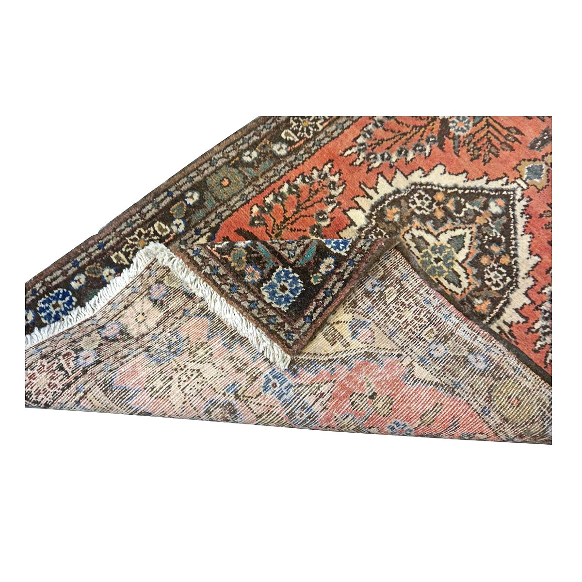 Antique Persian Hamadan Wool 3x7 Salmon, Ivory & Brown Handmade Runner Rug # 9901955