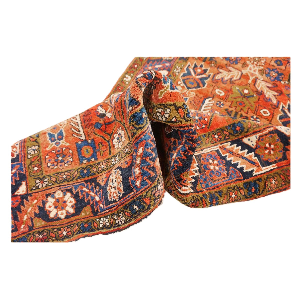 Antique Persian Heriz Wool 3x15 Orange, Camel & Navy Handmade Runner Rug #9902511