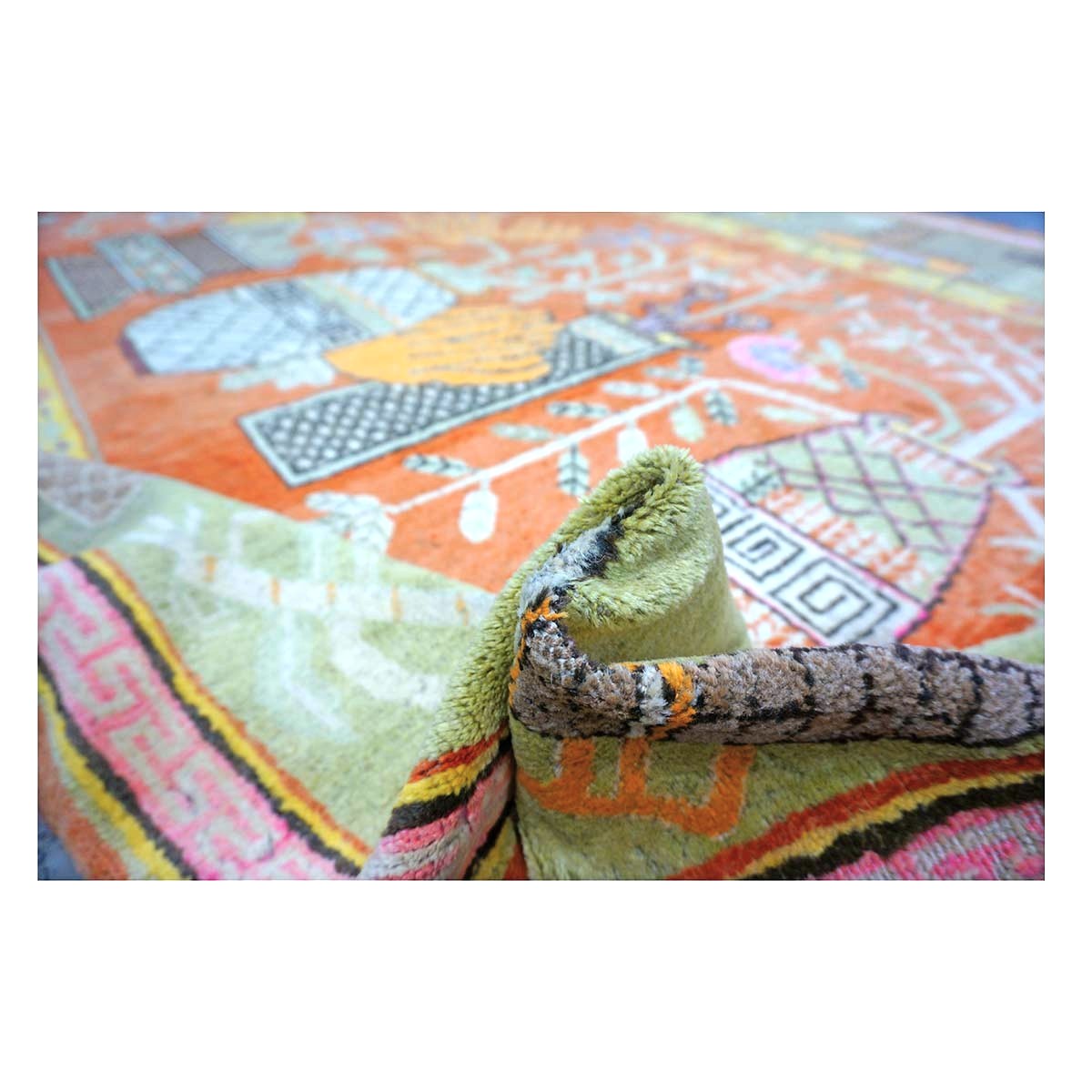 Vintage East Turkestani Khotan Wool 7x13 Brick, Olive & Ivory Handmade Gallery Rug #9902520
