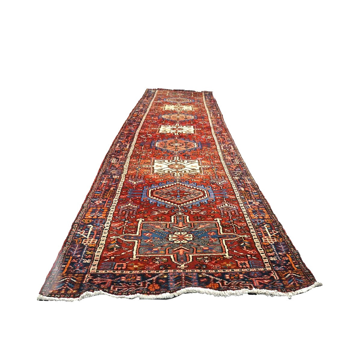 Vintage Persian Karajeh Wool 3x15 Red, Ivory & Navy Handmade Runner Rug #9902669