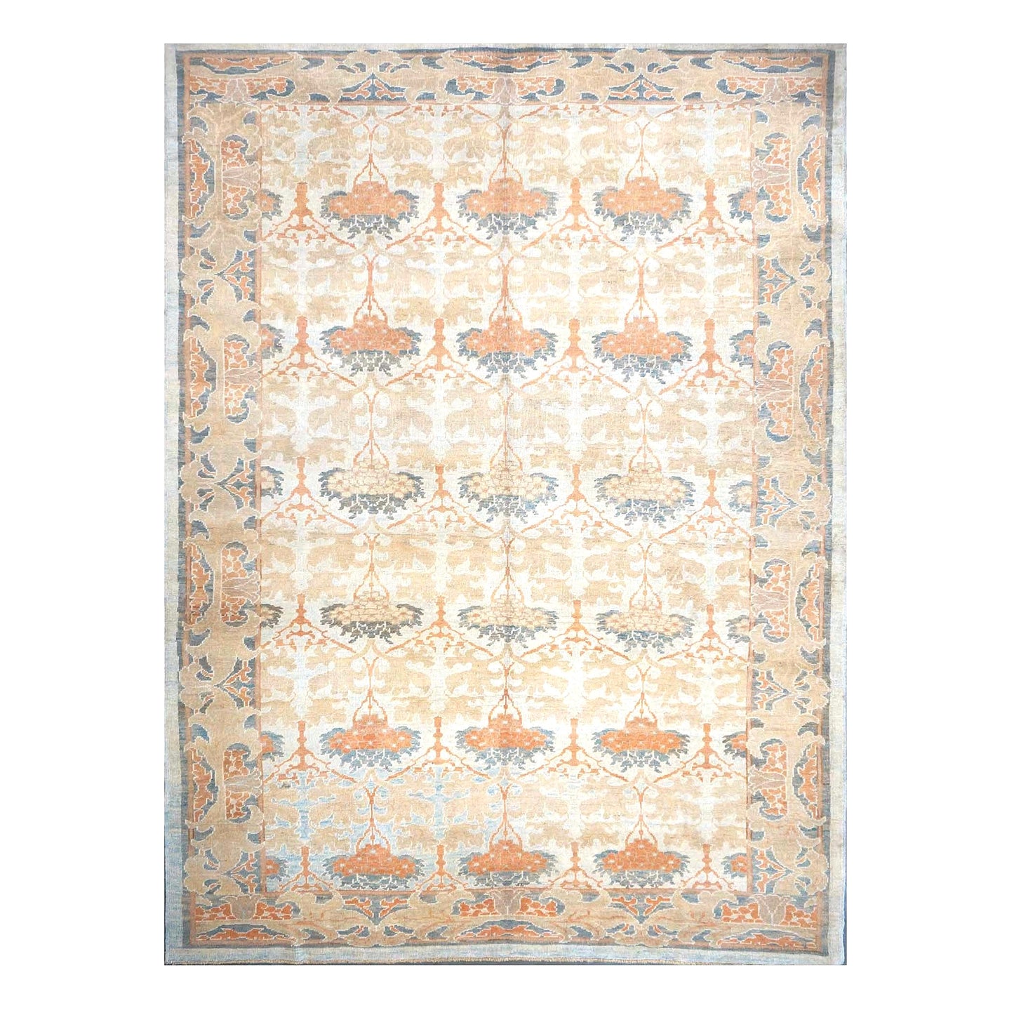 21st Century Turkish Donegal Wool & Hemp 9X13 Ivory, Light Blue & Orange Handmade Area Rug #1140032