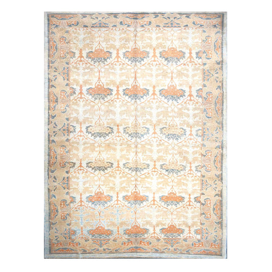 21st Century Turkish Donegal Wool & Hemp 9X13 Ivory, Light Blue & Orange Handmade Area Rug #1140032