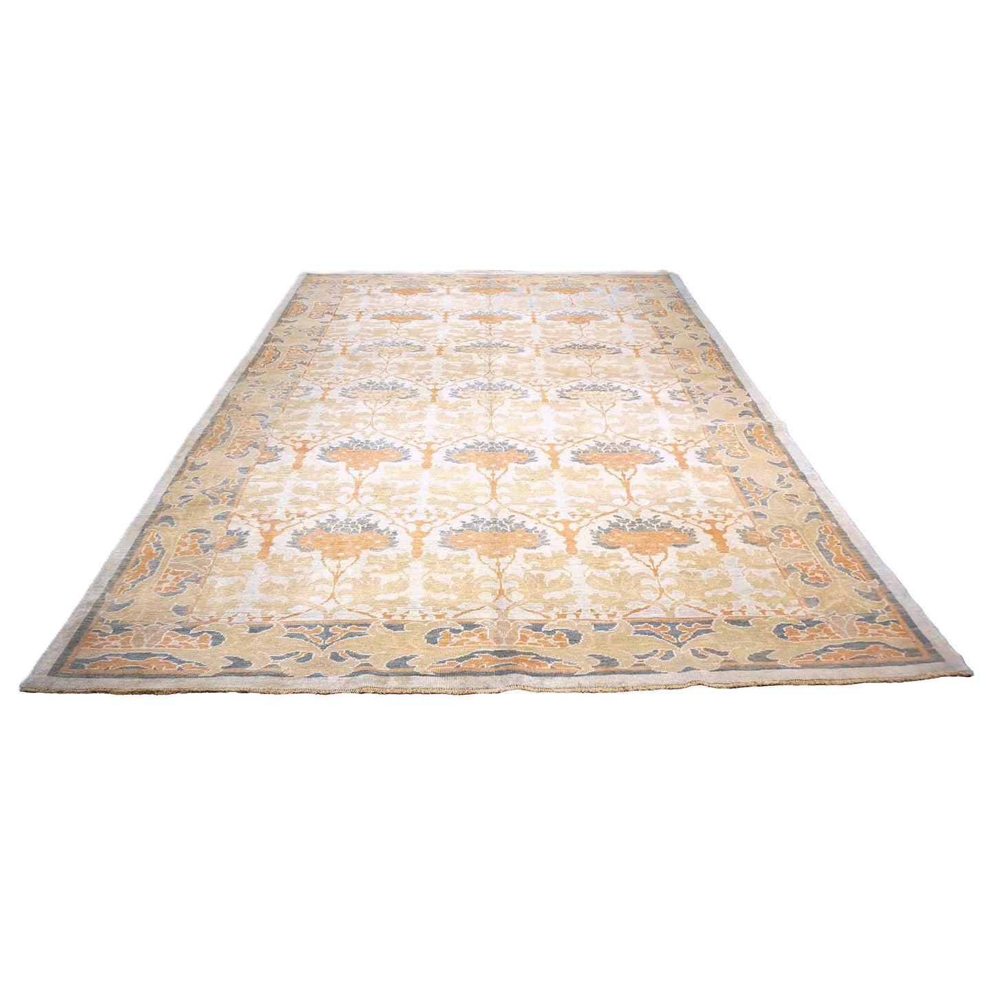 21st Century Turkish Donegal Wool & Hemp 9X13 Ivory, Light Blue & Orange Handmade Area Rug #1140032
