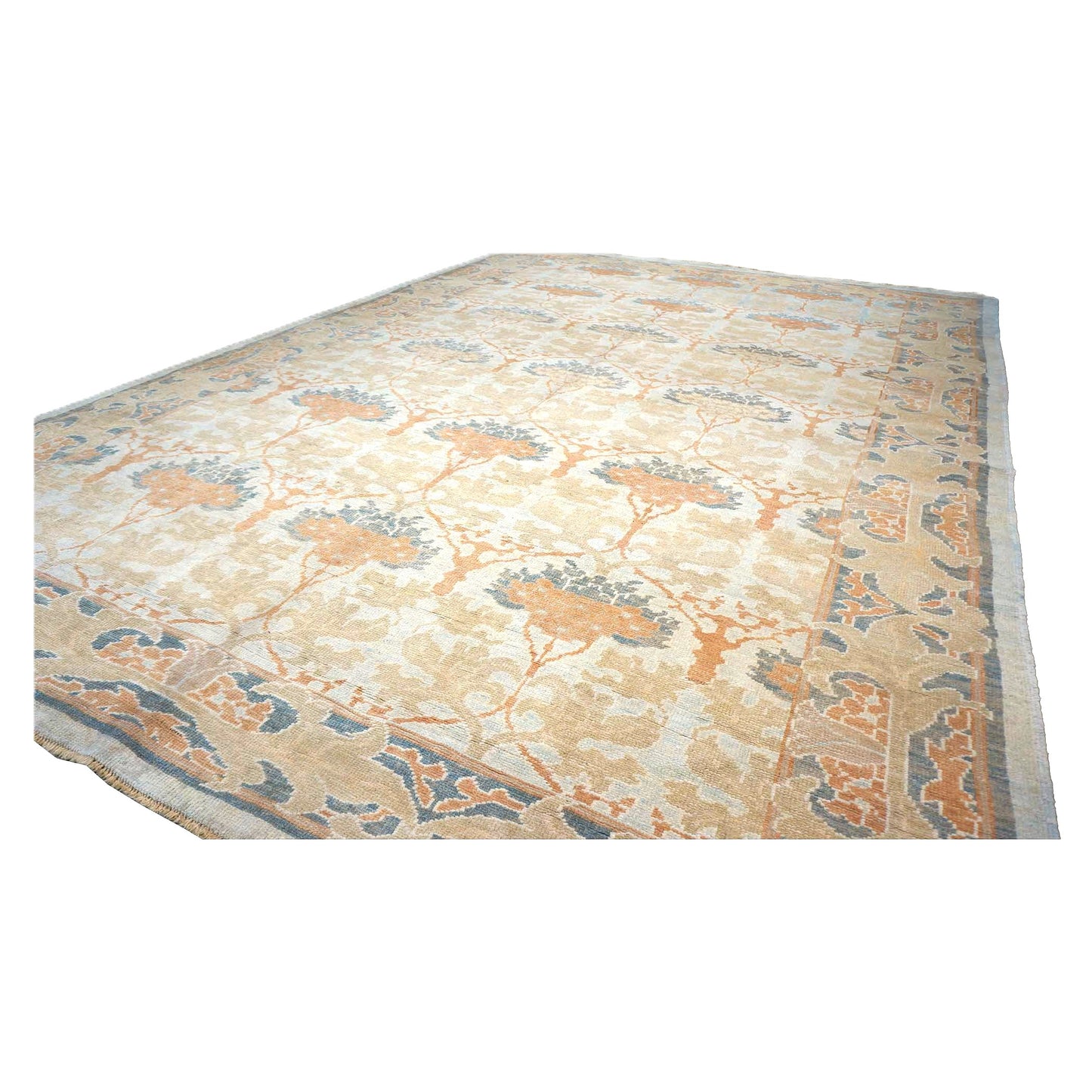 21st Century Turkish Donegal Wool & Hemp 9X13 Ivory, Light Blue & Orange Handmade Area Rug #1140032