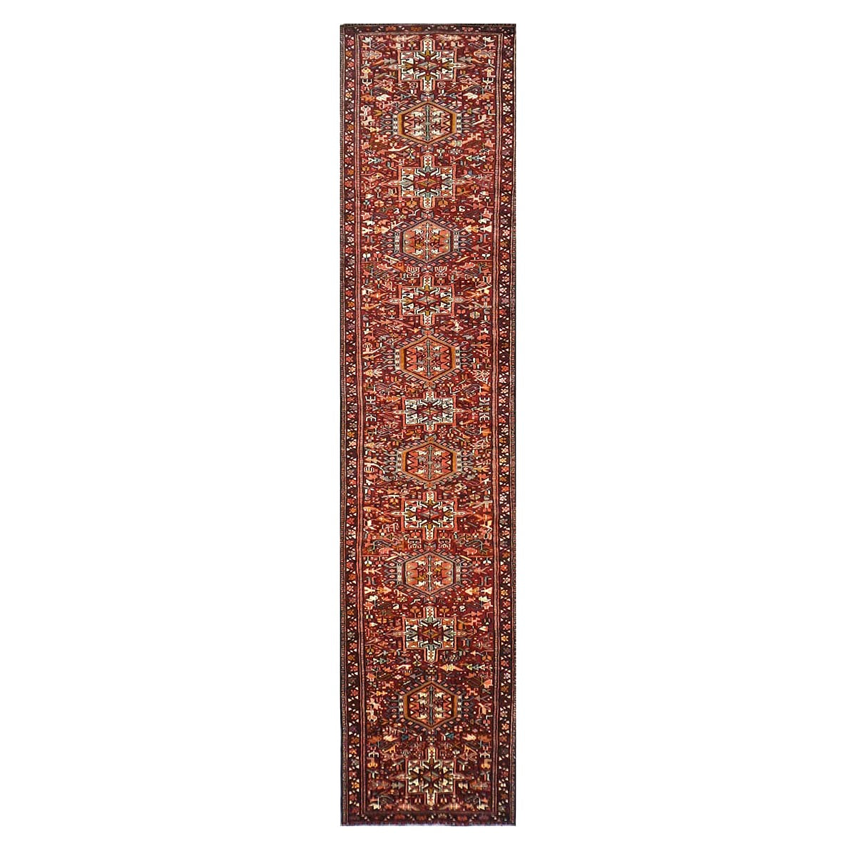 Antique Persian Karajeh Wool 3x15 Red, Navy & Ivory Handmade Runner Rug #1140070