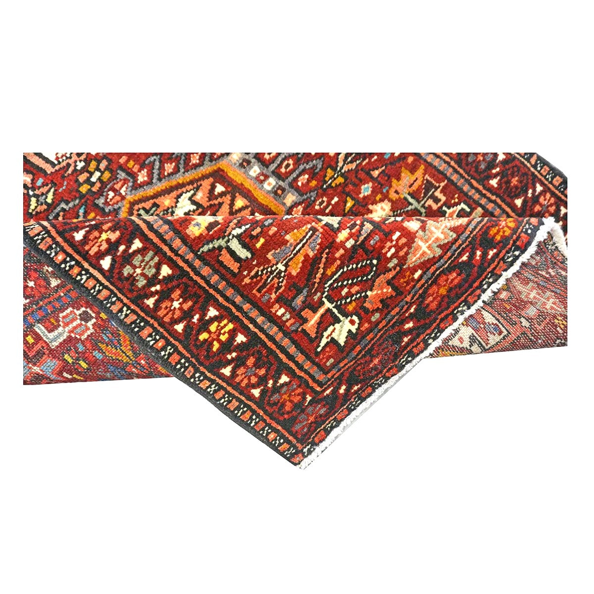Antique Persian Karajeh Wool 3x15 Red, Navy & Ivory Handmade Runner Rug #1140070
