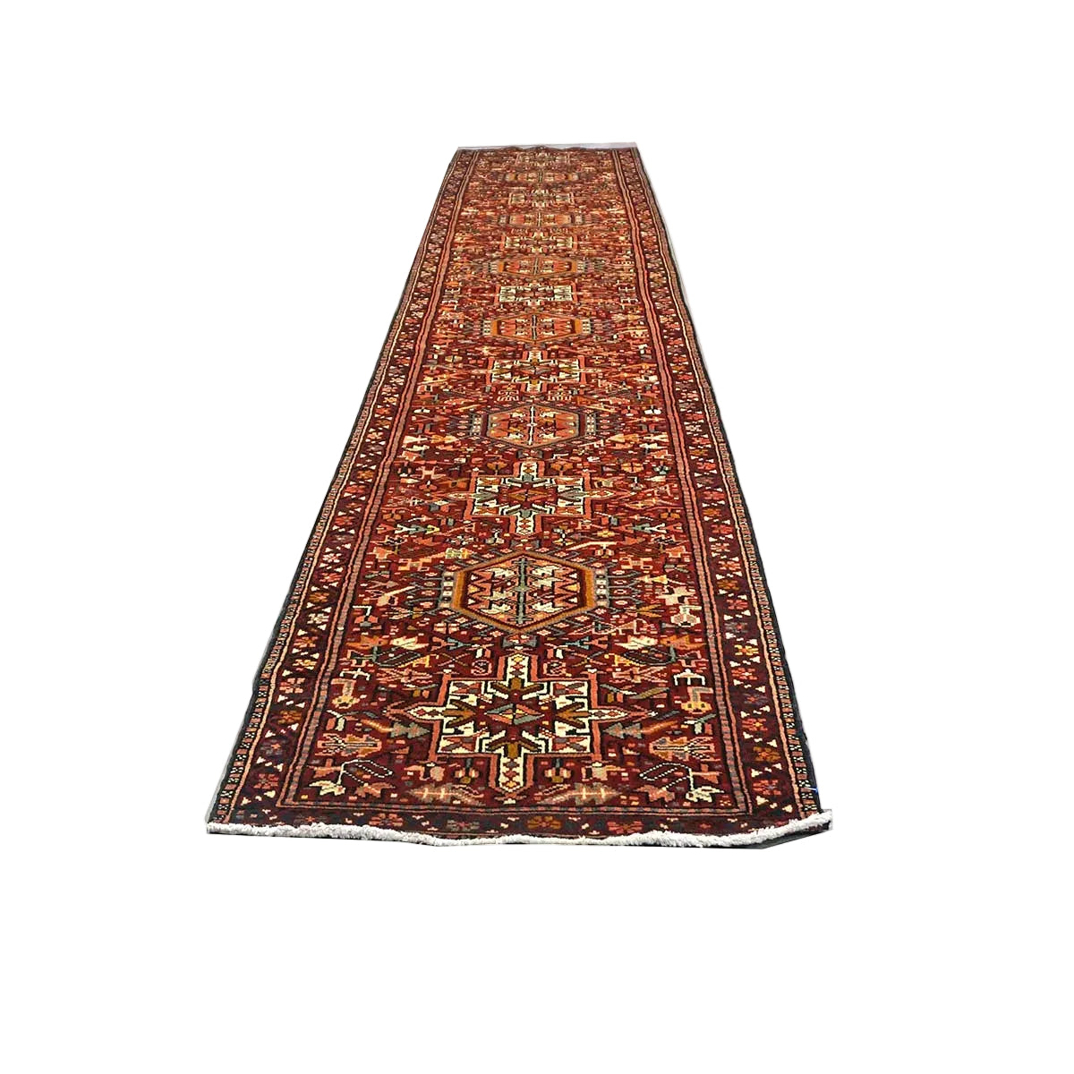 Antique Persian Karajeh Wool 3x15 Red, Navy & Ivory Handmade Runner Rug #1140070