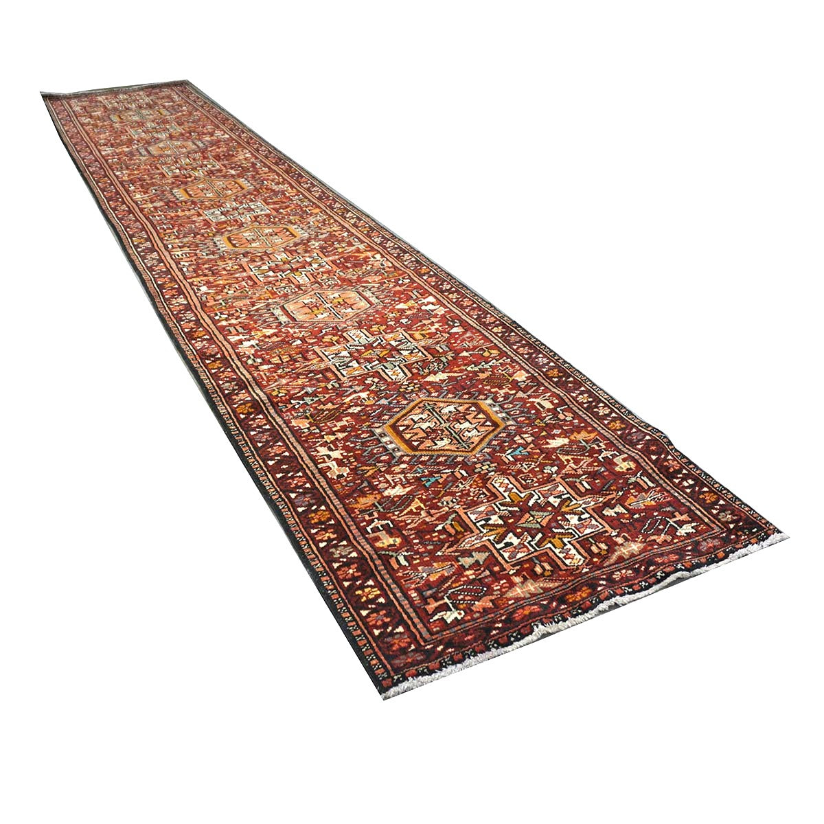Antique Persian Karajeh Wool 3x15 Red, Navy & Ivory Handmade Runner Rug #1140070