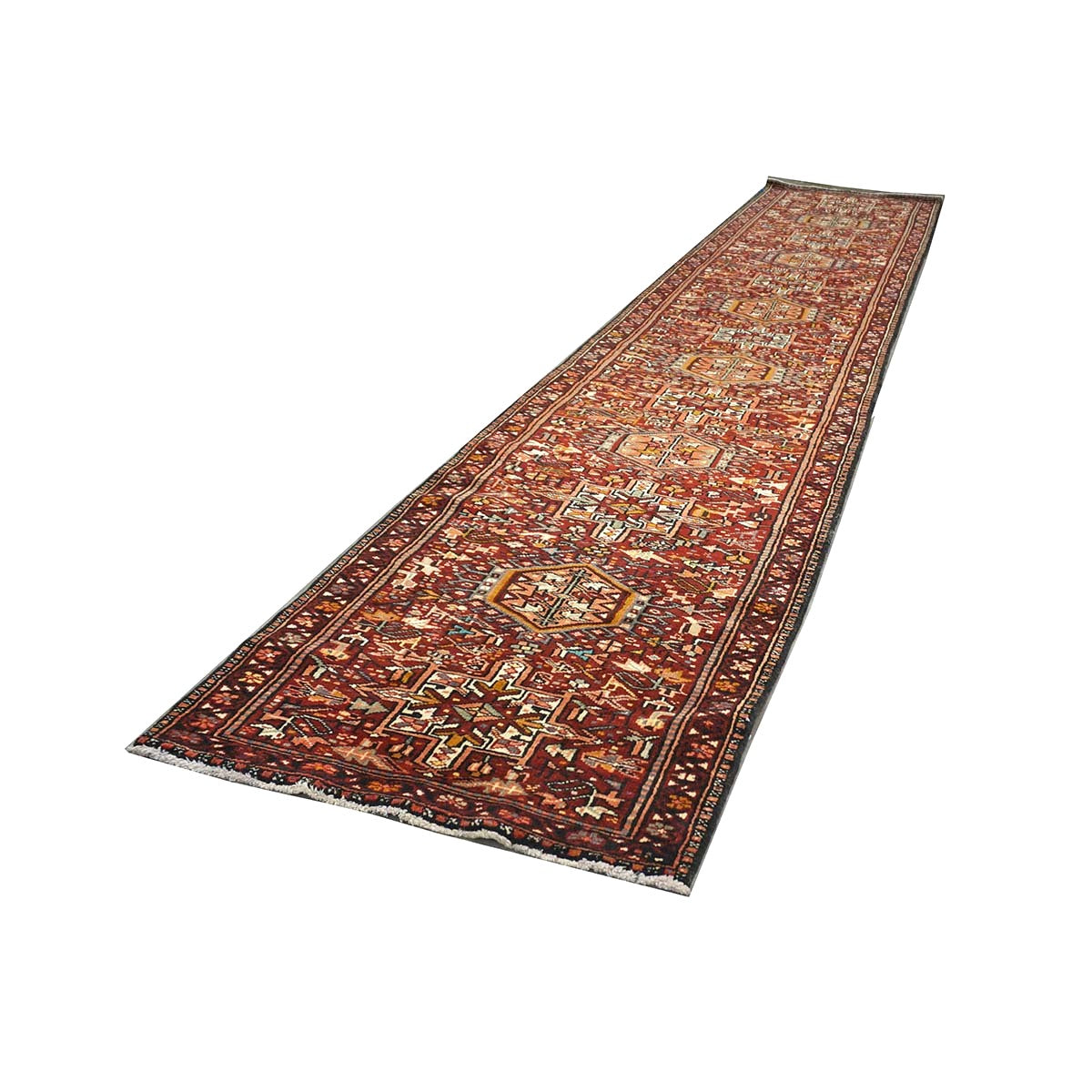 Antique Persian Karajeh Wool 3x15 Red, Navy & Ivory Handmade Runner Rug #1140070