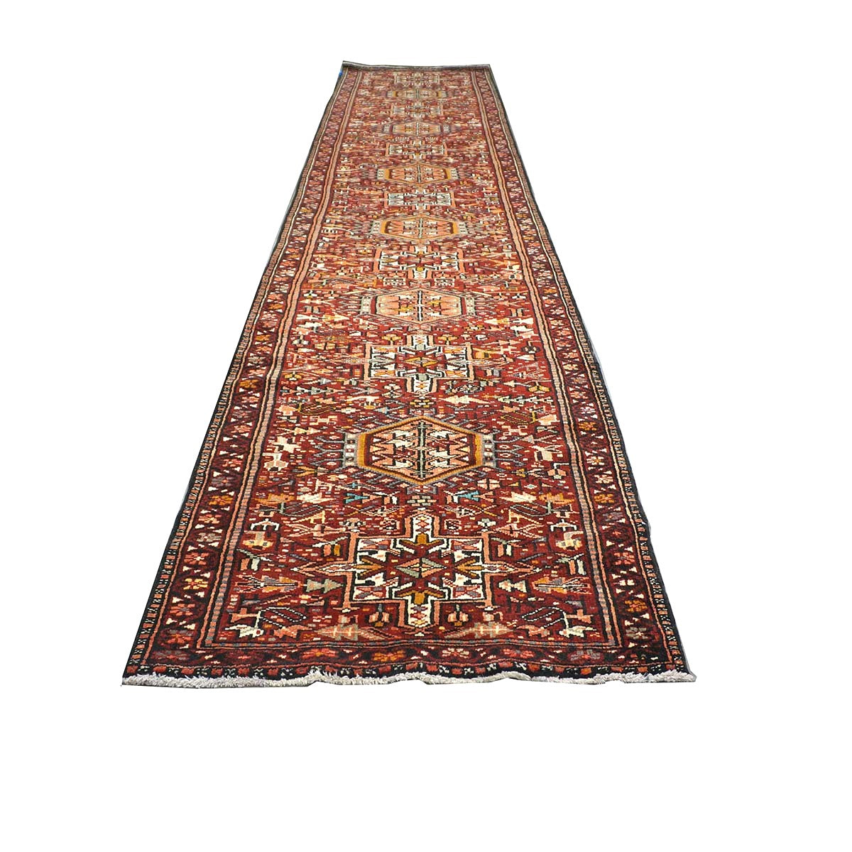 Antique Persian Karajeh Wool 3x15 Red, Navy & Ivory Handmade Runner Rug #1140070