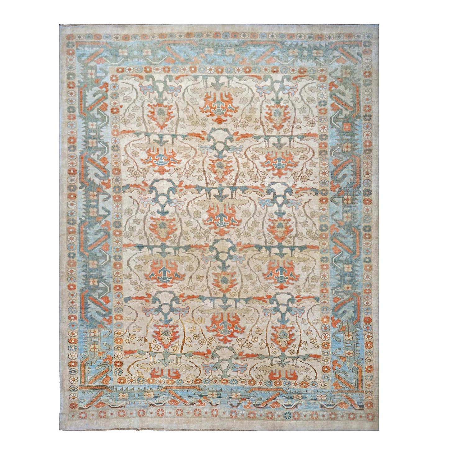 21st Century Turkish Donegal Wool 10X13 Ivory, Blue & Orange Handmade Area Rug #1140172