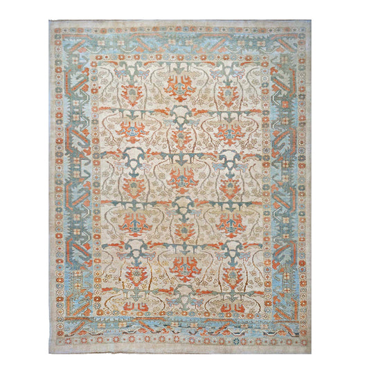 21st Century Turkish Donegal Wool 10X13 Ivory, Blue & Orange Handmade Area Rug #1140172