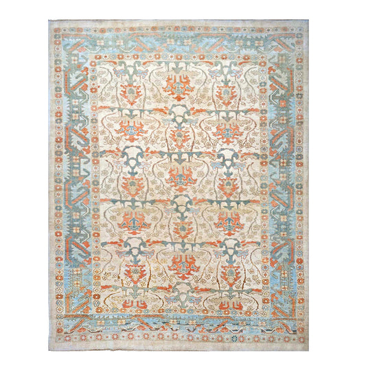 21st Century Turkish Donegal Wool 10X13 Ivory, Blue & Orange Handmade Area Rug #1140172