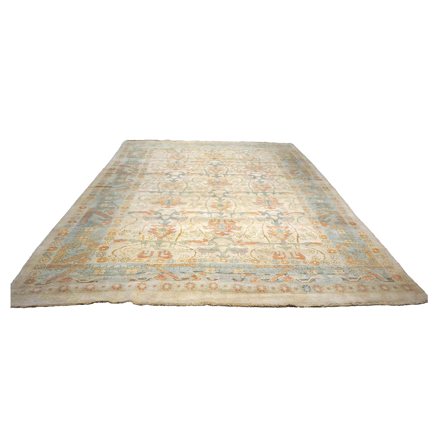 21st Century Turkish Donegal Wool 10X13 Ivory, Blue & Orange Handmade Area Rug #1140172