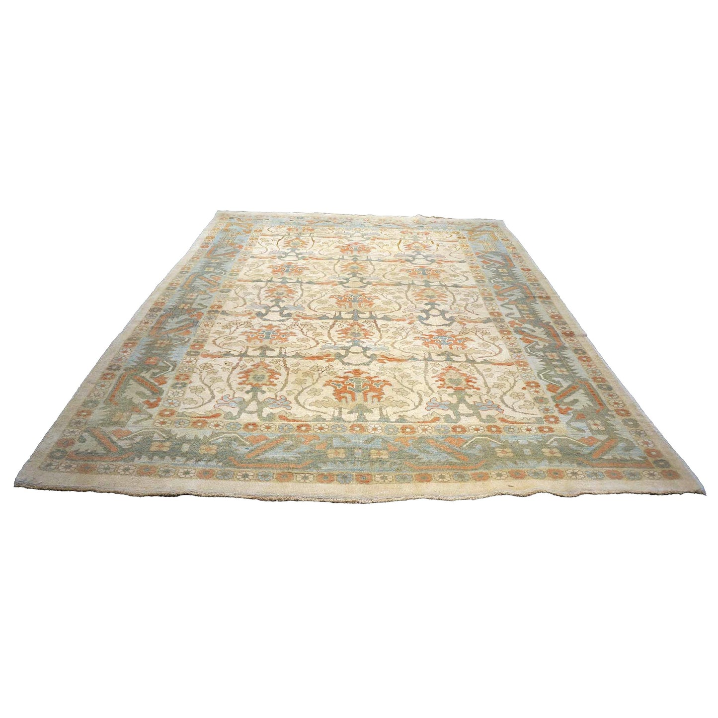 21st Century Turkish Donegal Wool 10X13 Ivory, Blue & Orange Handmade Area Rug #1140172