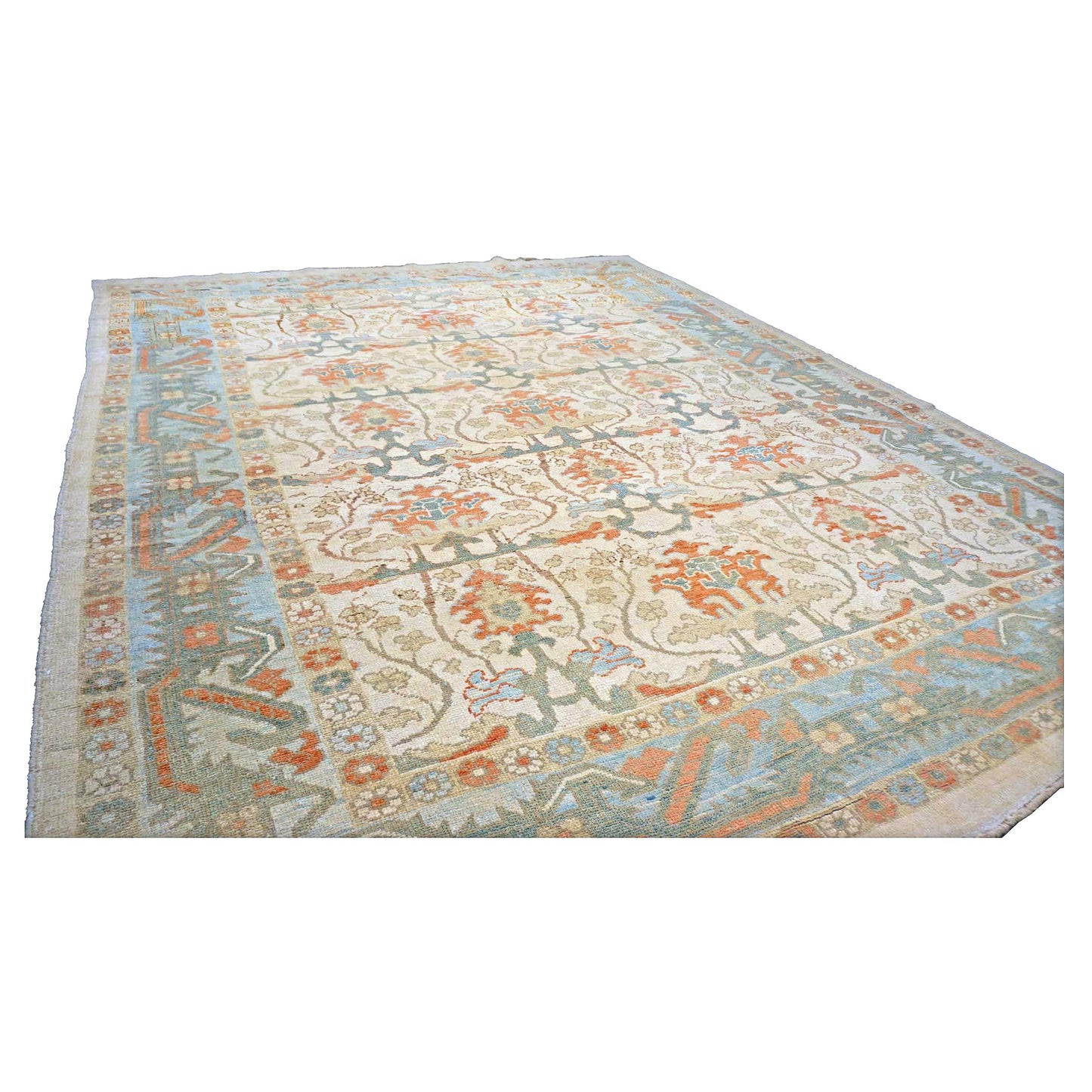 21st Century Turkish Donegal Wool 10X13 Ivory, Blue & Orange Handmade Area Rug #1140172