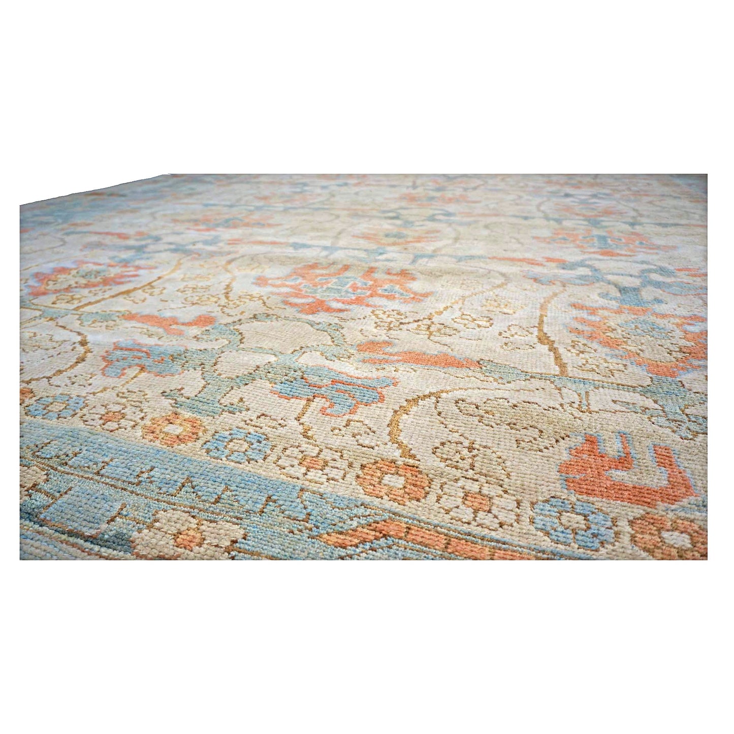 21st Century Turkish Donegal Wool 10X13 Ivory, Blue & Orange Handmade Area Rug #1140172