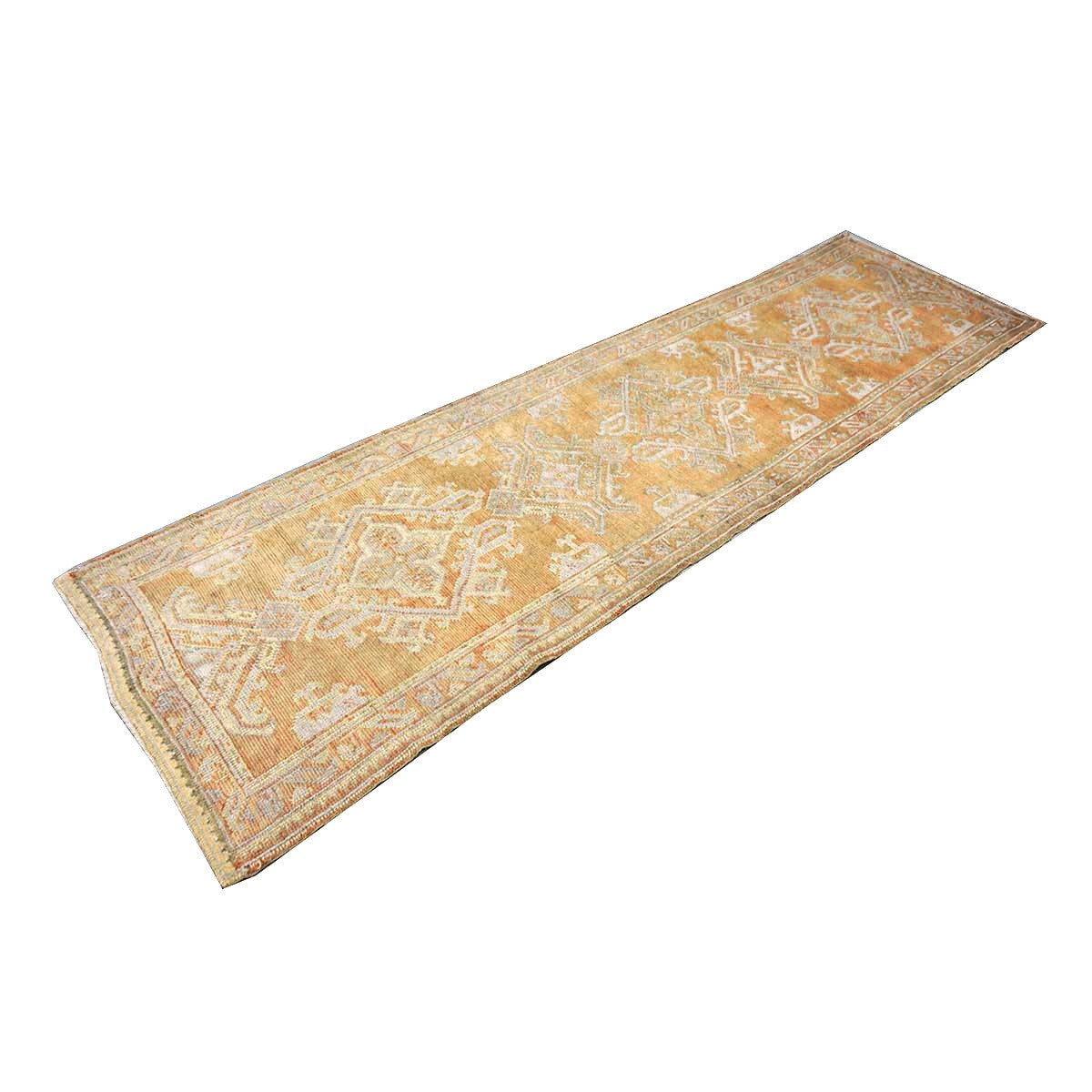 Antique Turkish Oushak 3X11 Golden Beige & Ivory Handmade Runner Rug #1140253