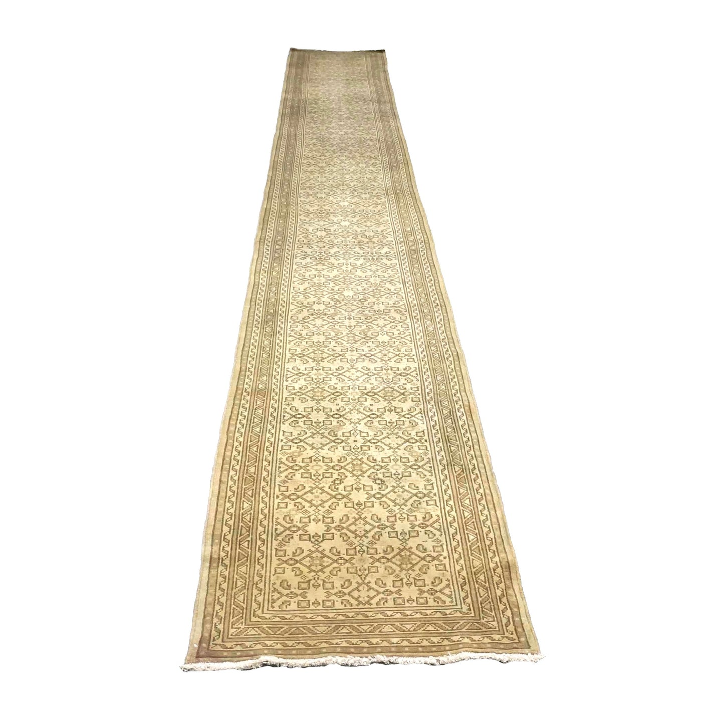 Antique Persian Malayer Wool 2x19 Tan & Taupe Handmade Runner Rug #1140303