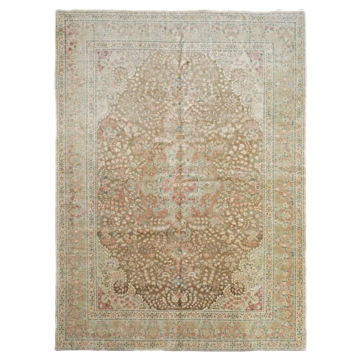 Antique Persian Tabriz Wool 7x9 Tan & Olive Handmade Area Rug #1140329