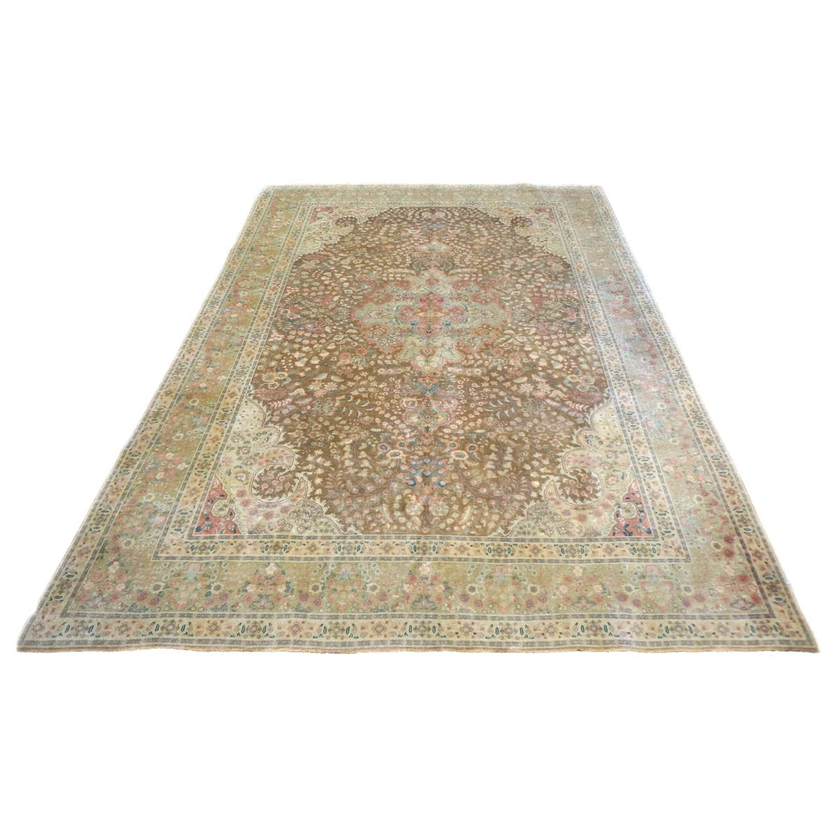 Antique Persian Tabriz Wool 7x9 Tan & Olive Handmade Area Rug #1140329