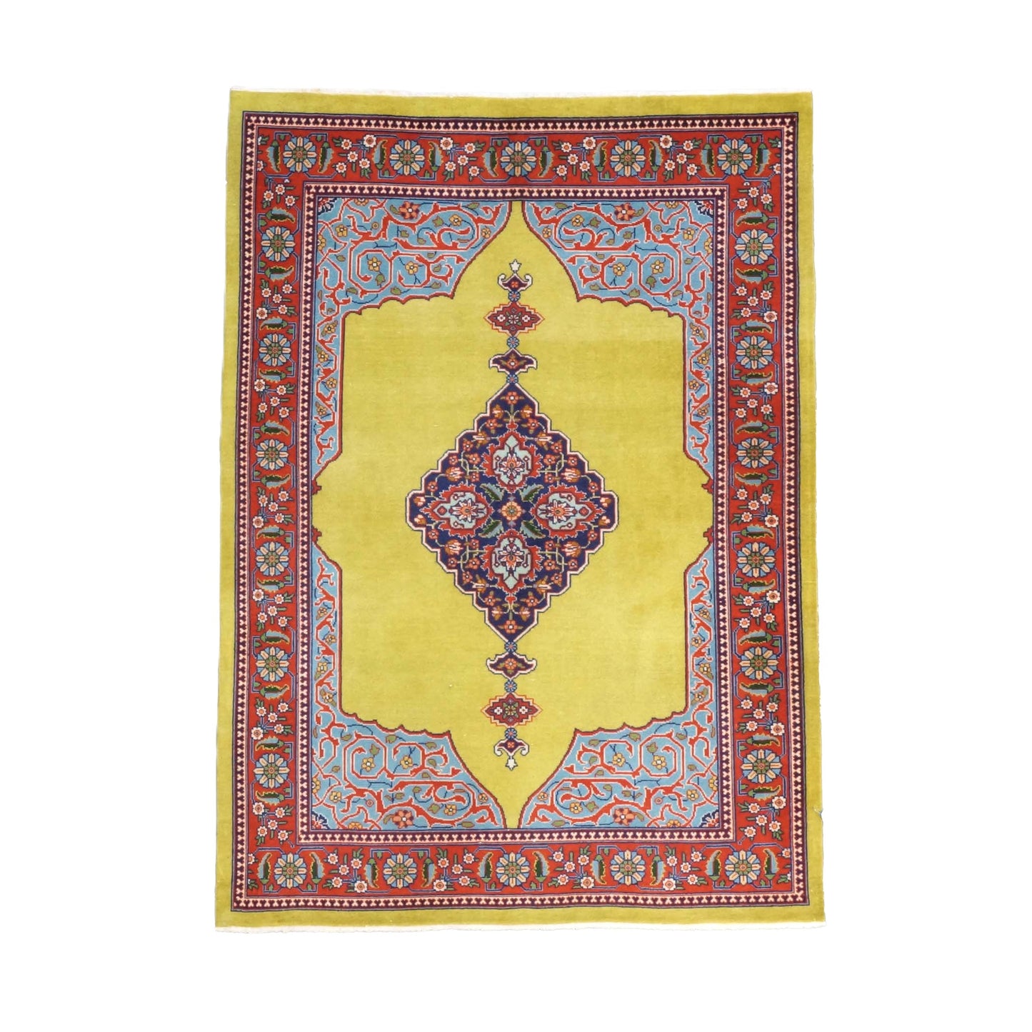 Persian Tabriz Wool 5x6 Mustard, Blue & Red Handmade Area Rug # 1140373