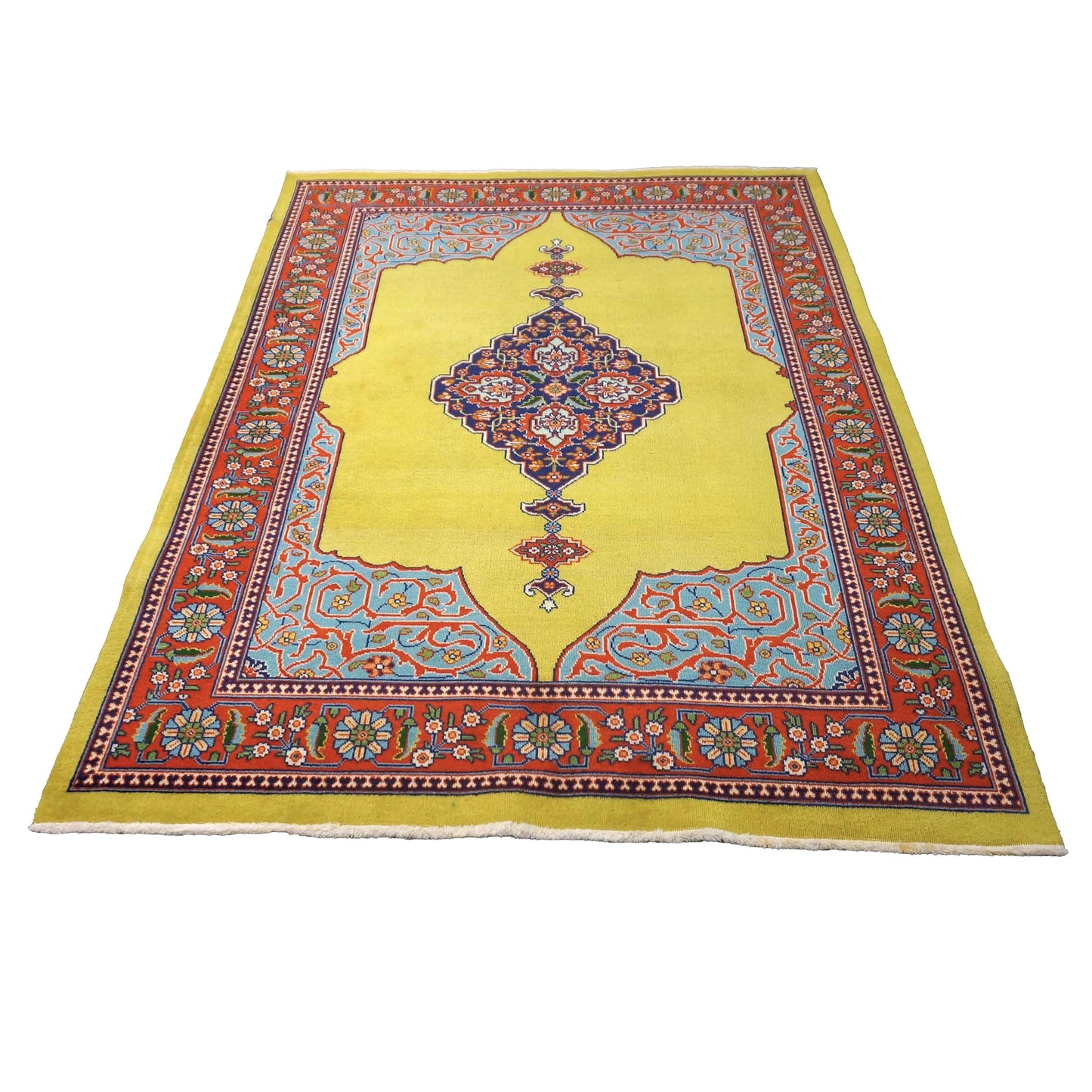 Persian Tabriz Wool 5x6 Mustard, Blue & Red Handmade Area Rug # 1140373