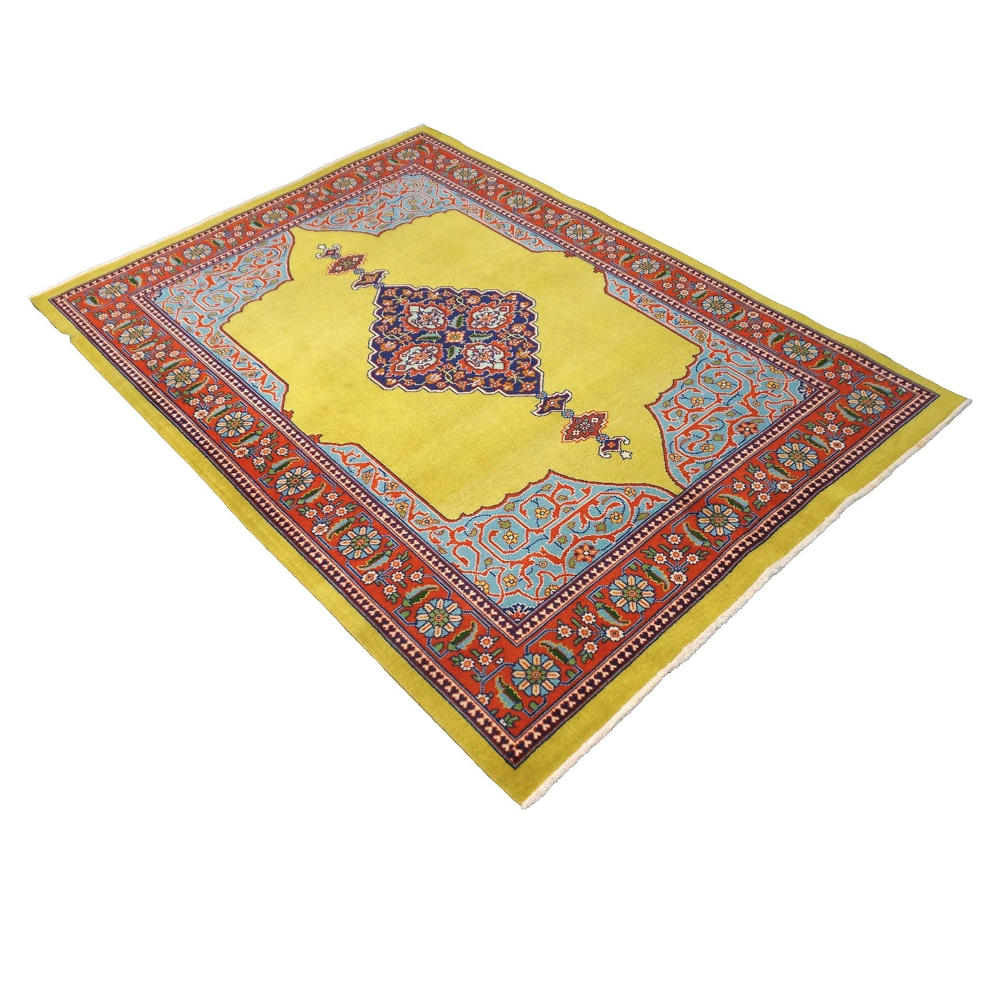 Persian Tabriz Wool 5x6 Mustard, Blue & Red Handmade Area Rug # 1140373