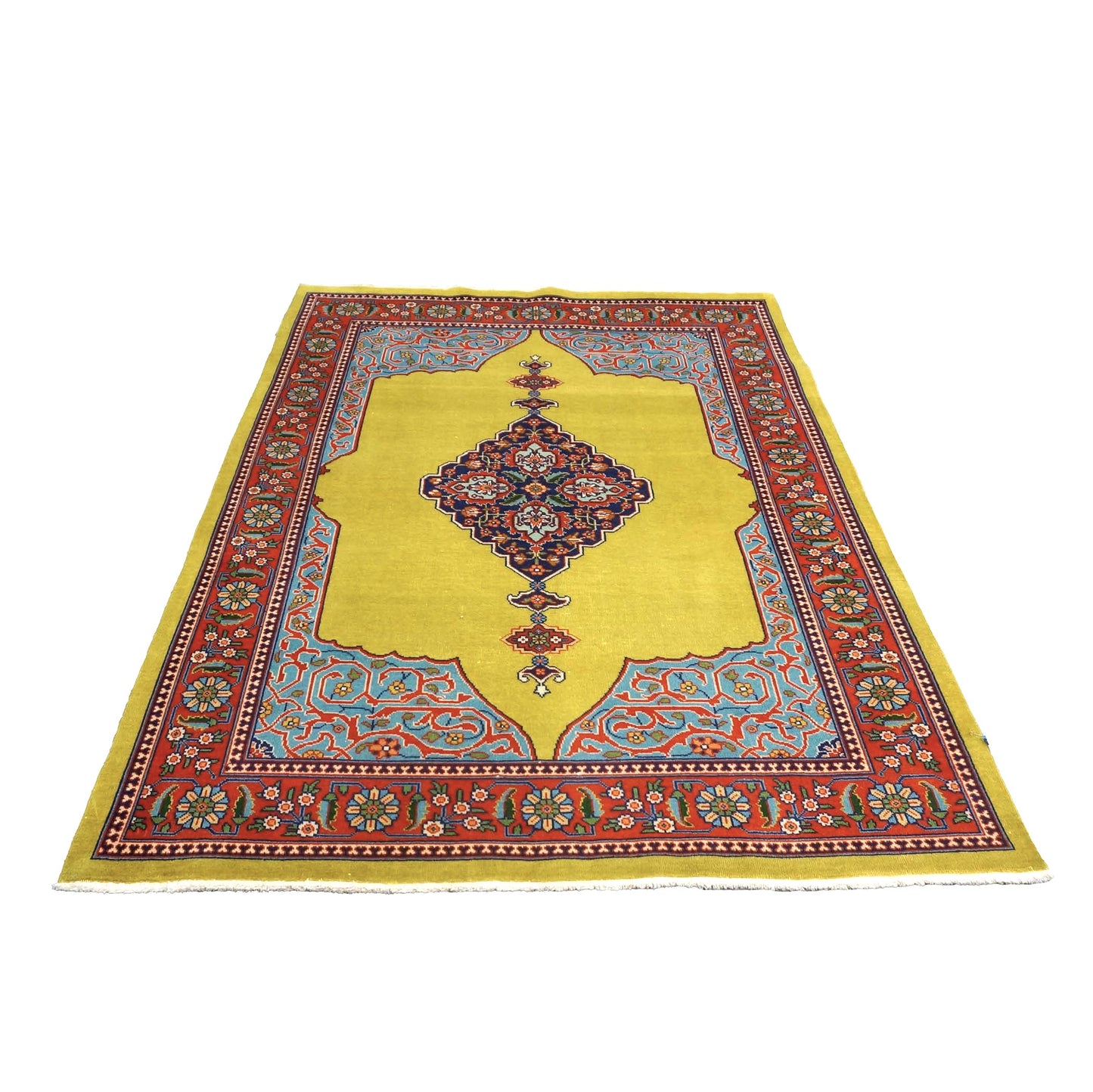 Persian Tabriz Wool 5x6 Mustard, Blue & Red Handmade Area Rug # 1140373