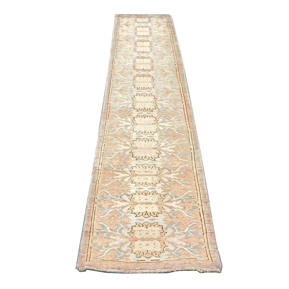 21st Century Turkish Donegal Wool & Hemp 3x10 Taupe, Tan, Blue & Ivory Handmade Runner Rug #1140528