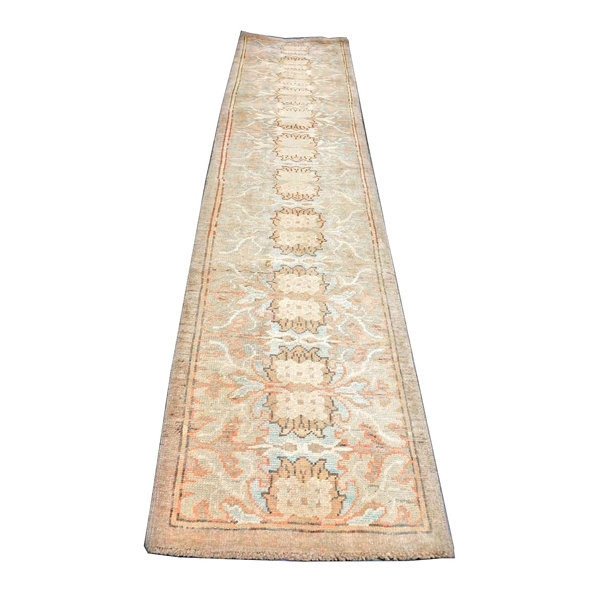 21st Century Turkish Donegal Wool & Hemp 3x10 Taupe, Tan, Blue & Ivory Handmade Runner Rug #1140528