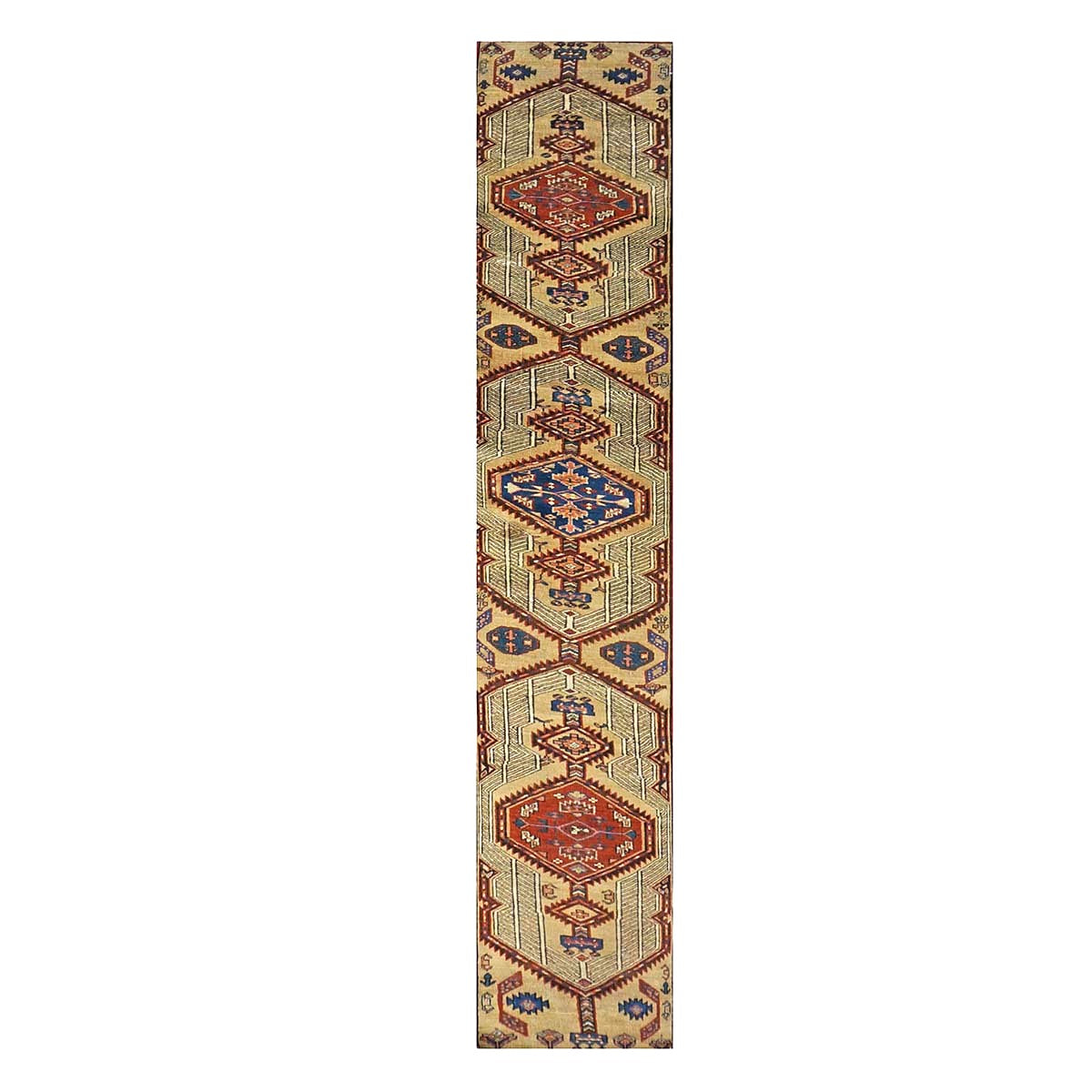 Antique Persian Sarab Wool 2x14 Camel, Red & Blue Handmade Runner Rug #1140553