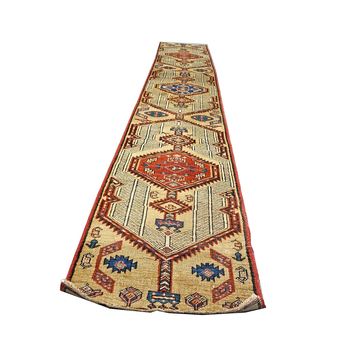 Antique Persian Sarab Wool 2x14 Camel, Red & Blue Handmade Runner Rug #1140553