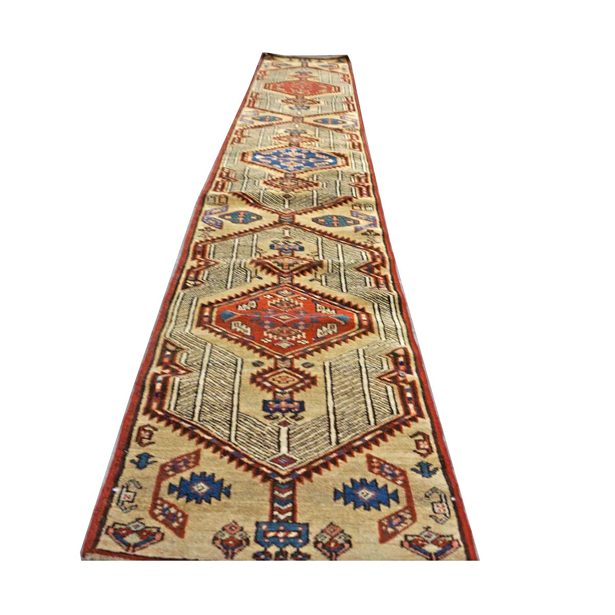 Antique Persian Sarab Wool 2x14 Camel, Red & Blue Handmade Runner Rug #1140553