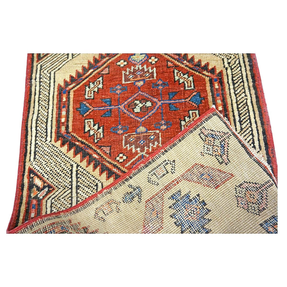 Antique Persian Sarab Wool 2x14 Camel, Red & Blue Handmade Runner Rug #1140553